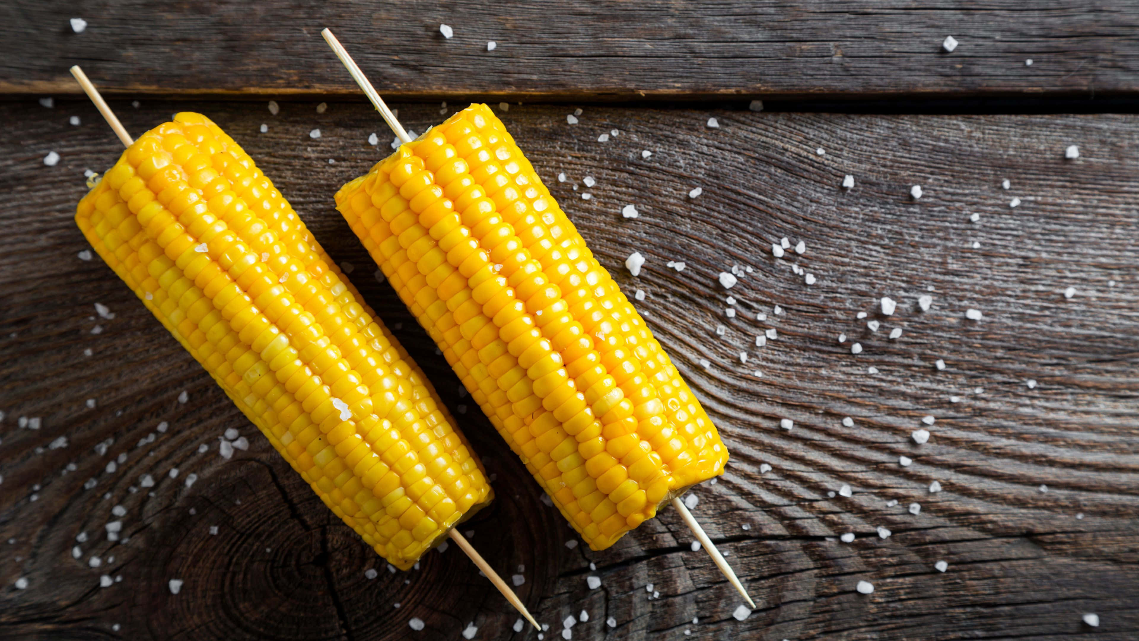 Yellow Corn, corn cobs on sticks, weathered wooden surface, 4K Desktop Wallpaper