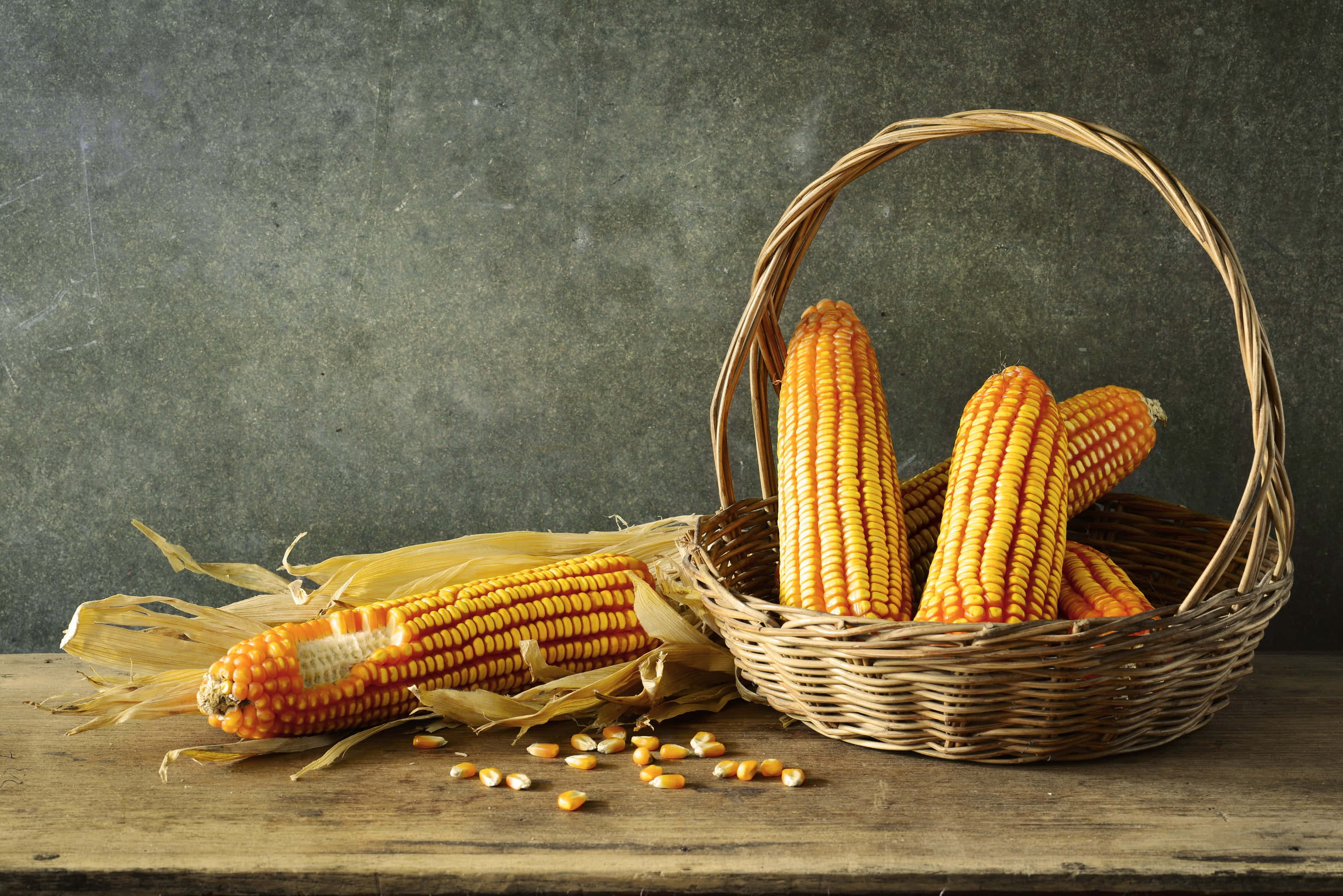 Yellow Corn, golden corn cobs, woven basket, 2K Desktop Wallpaper
