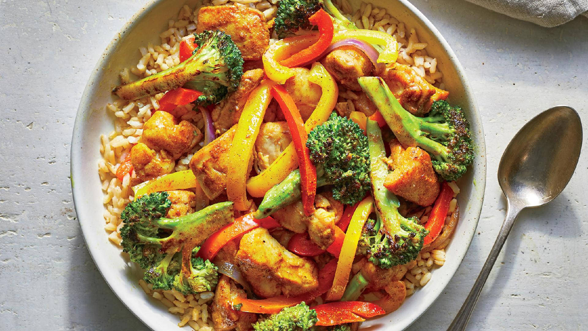 yellow curry, broccoli, rice, Full HD Desktop Wallpaper