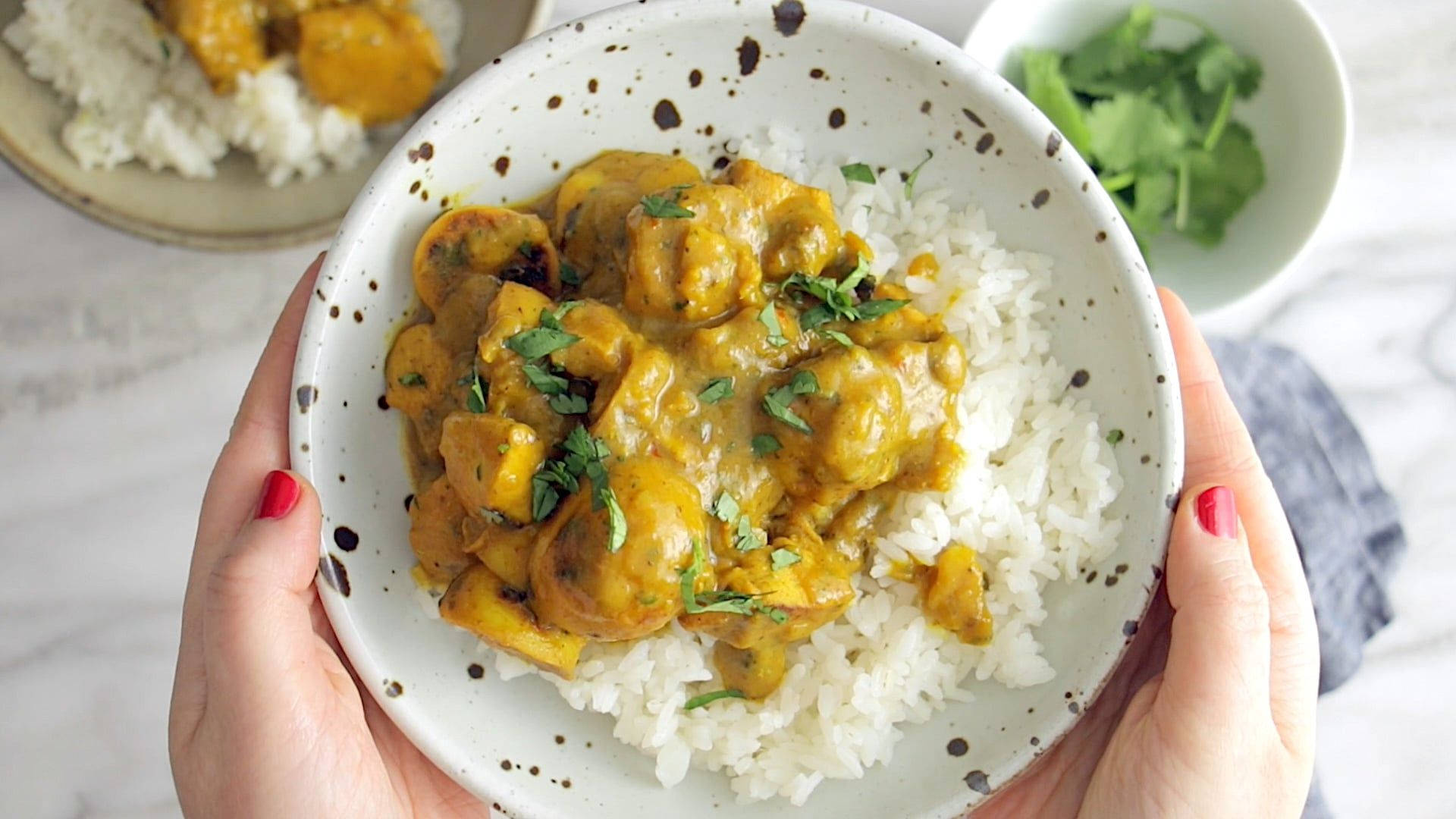 yellow curry, white rice, speckled bowl, Full HD Desktop Wallpaper