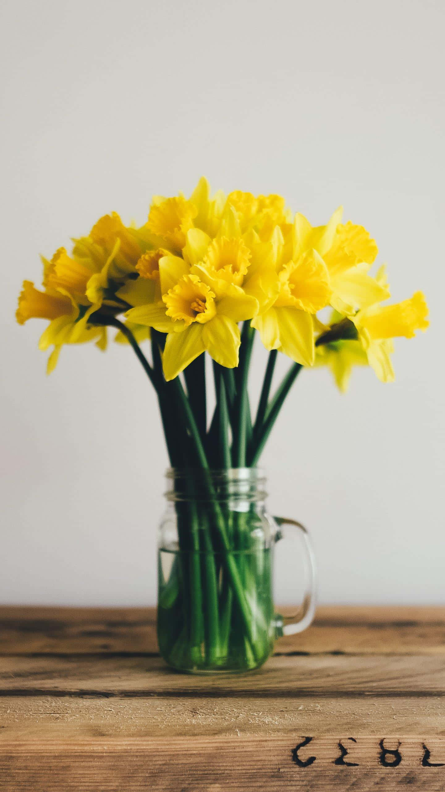 yellow daffodils, clear glass jar, rustic wooden table, 2K Phone Wallpaper