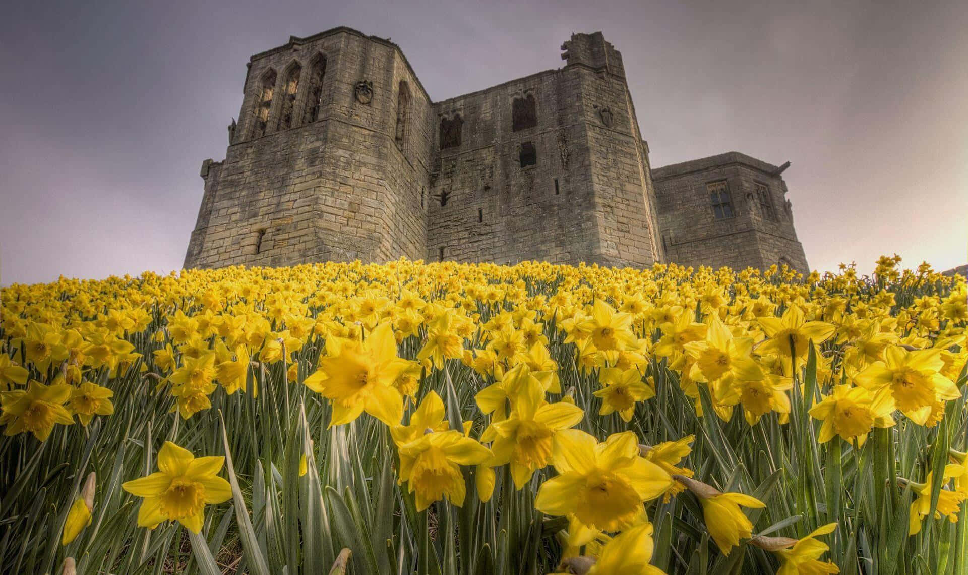 yellow daffodils, vast field of bright yellow daffodils, ancient stone castle, Full HD Desktop Wallpaper