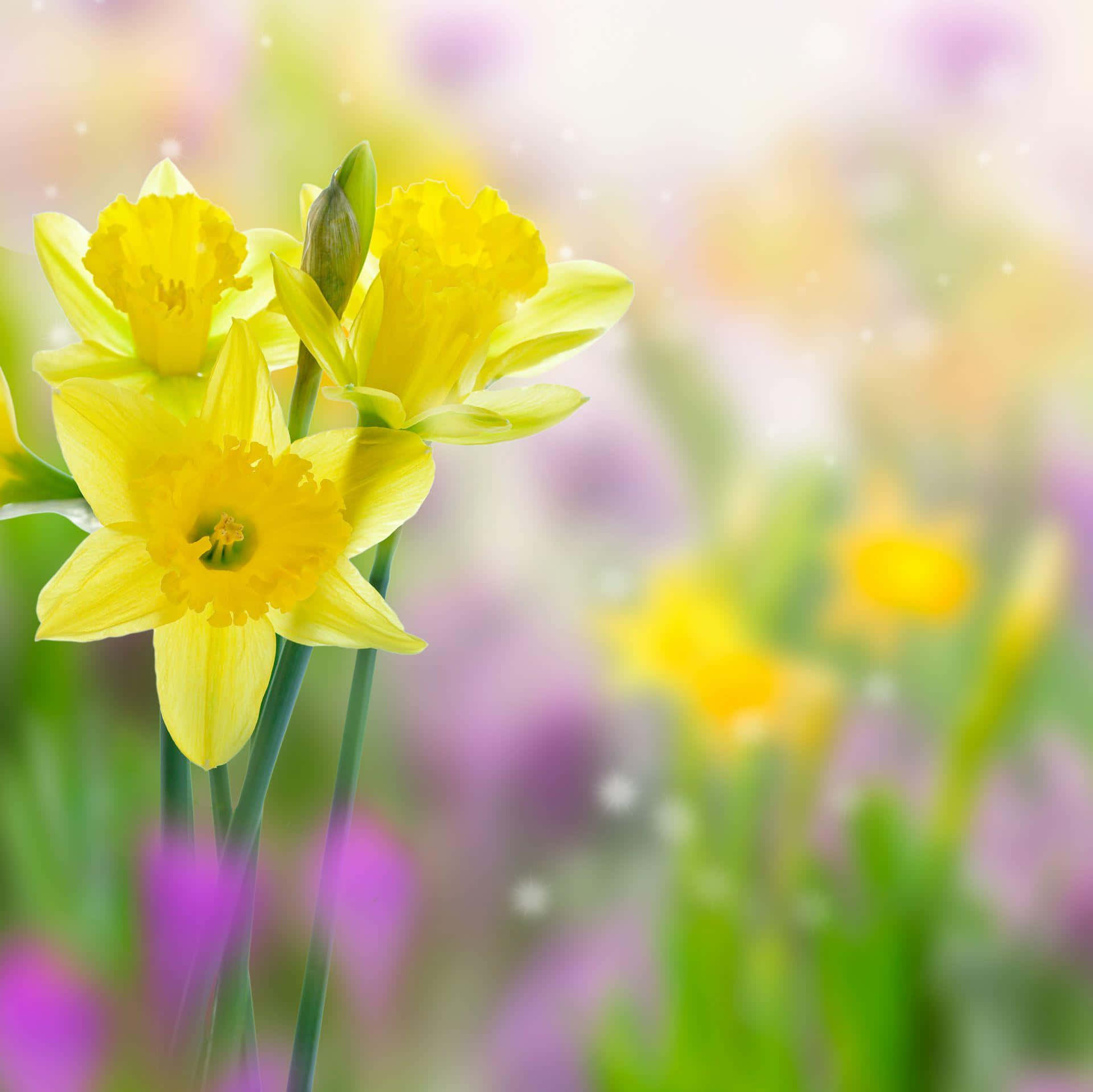 Yellow Daffodils, vibrant yellow, soft purple, Full HD Desktop Wallpaper