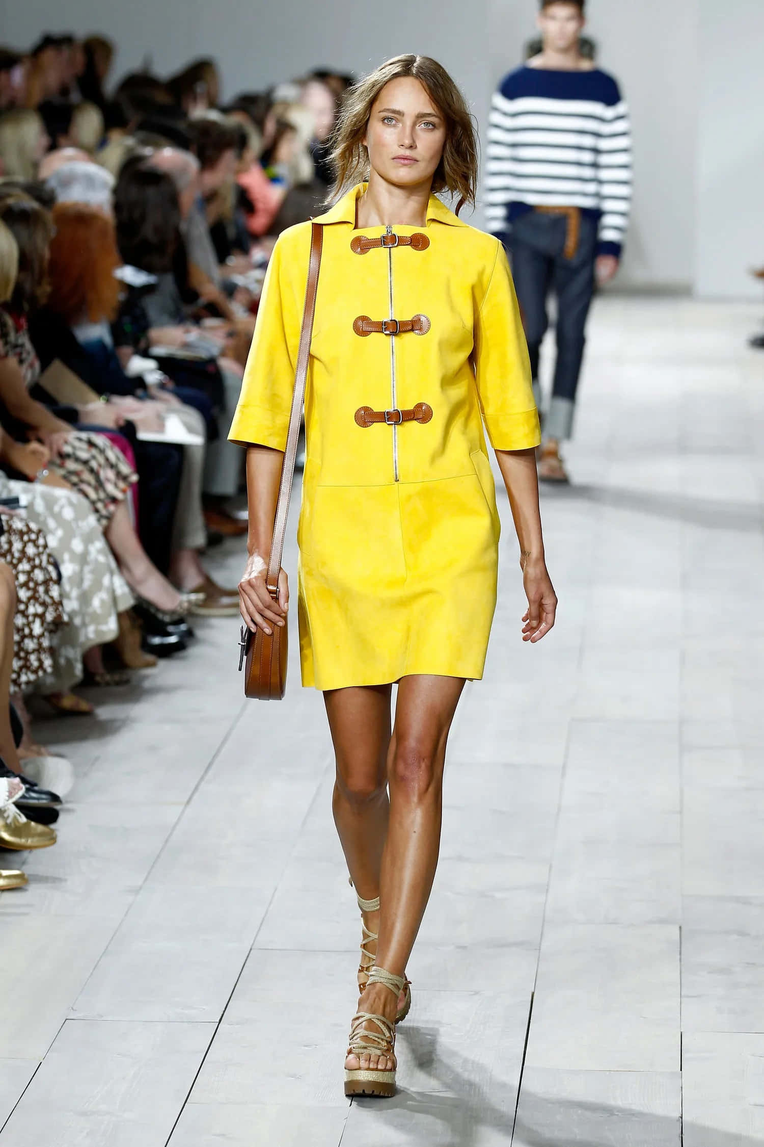 yellow duffle coat dress, wooden toggles, tan sandals, Full HD Phone Wallpaper