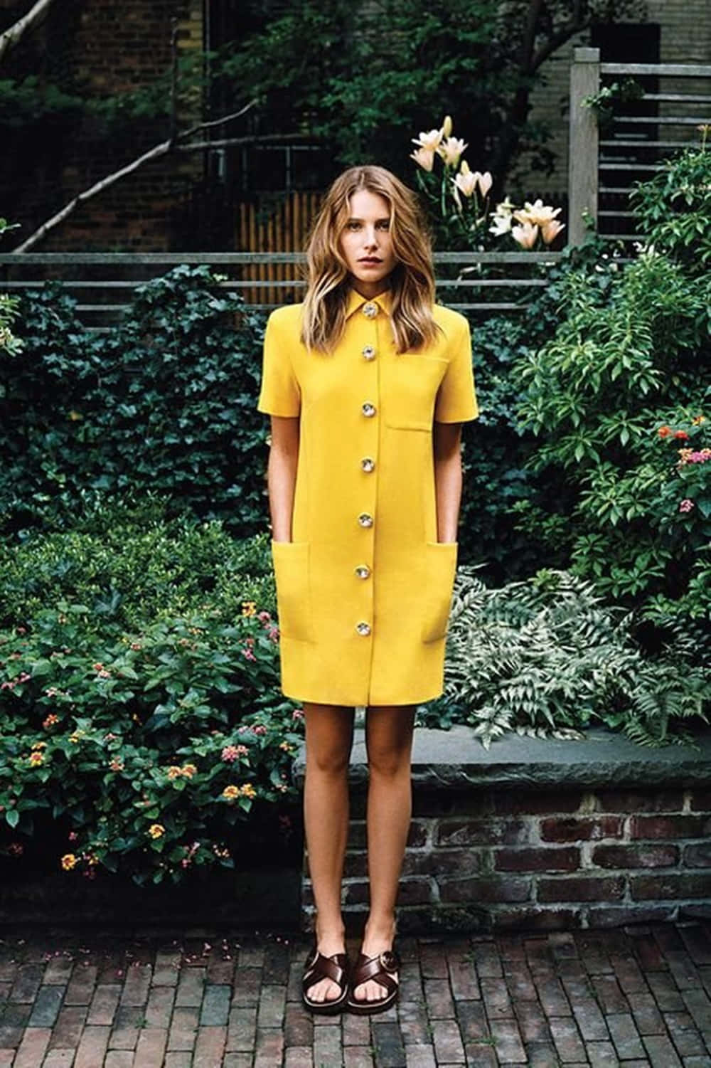 yellow fashion, bright yellow button-up dress, brick patio, HD Phone Wallpaper