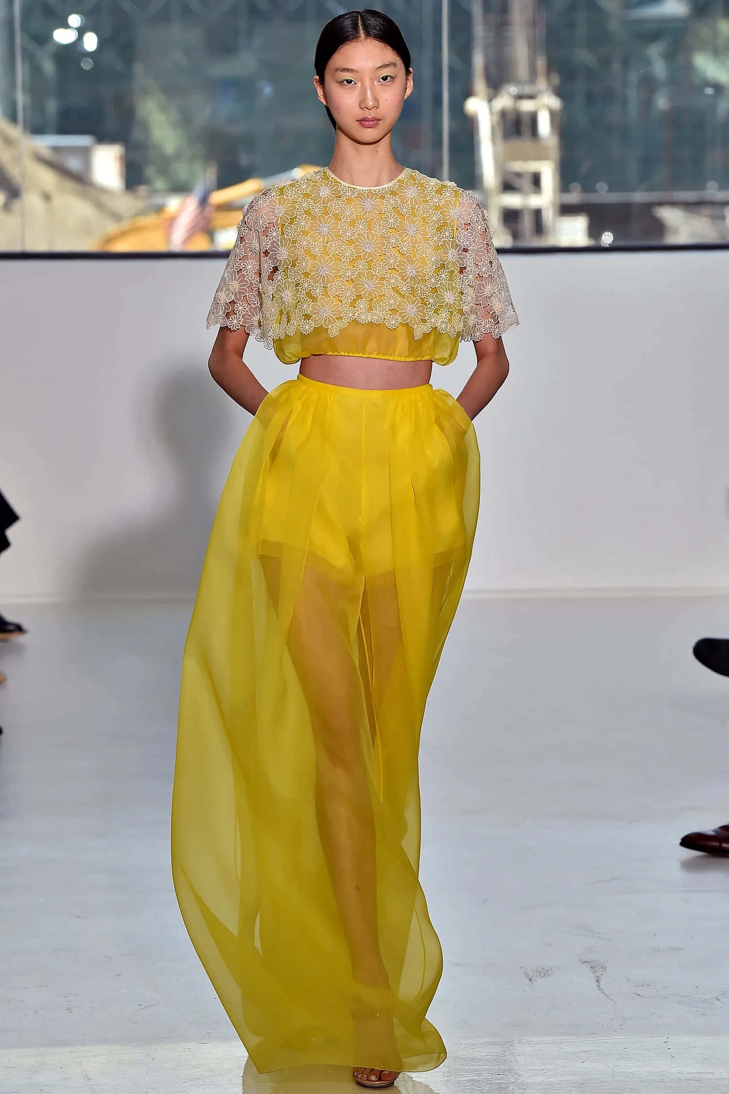 yellow fashion, vibrant yellow lace crop top, flowing sheer skirt, Full HD Phone Wallpaper