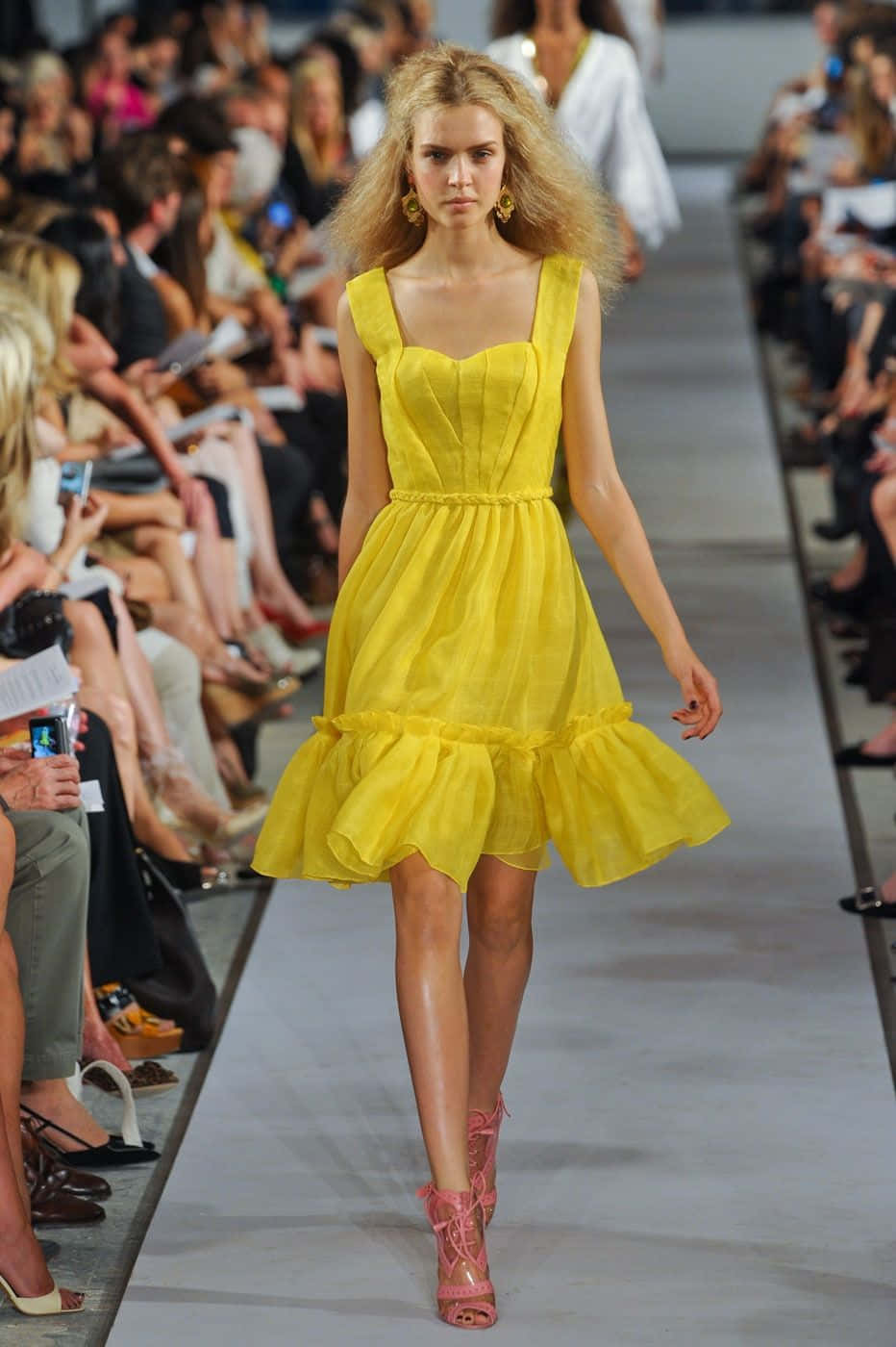Radiant Yellow Dress, blonde model, bright yellow ruffled dress, HD Phone Wallpaper