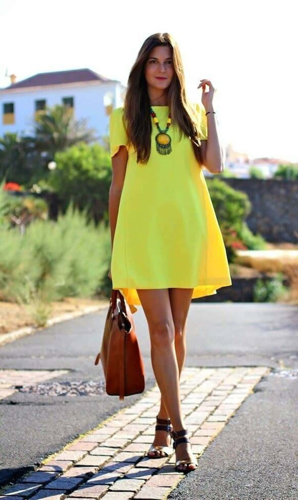 yellow fashion, bright yellow dress, sunlit cobblestone path, HD Phone Wallpaper