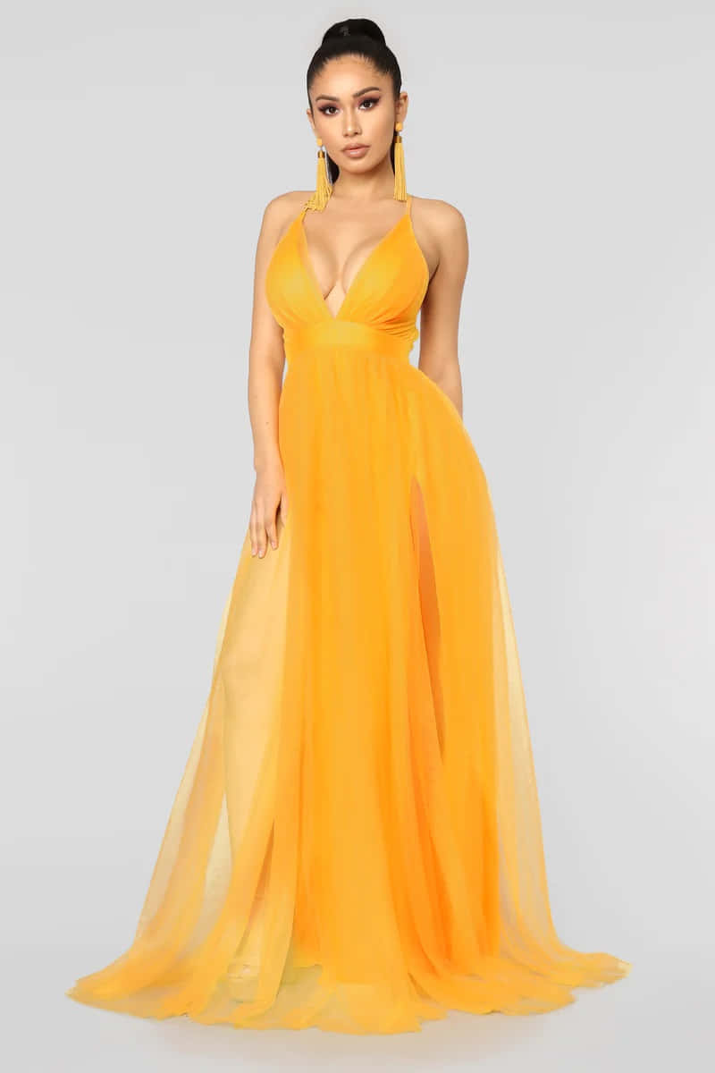 yellow fashion, orange gown, high slit, SD Phone Wallpaper