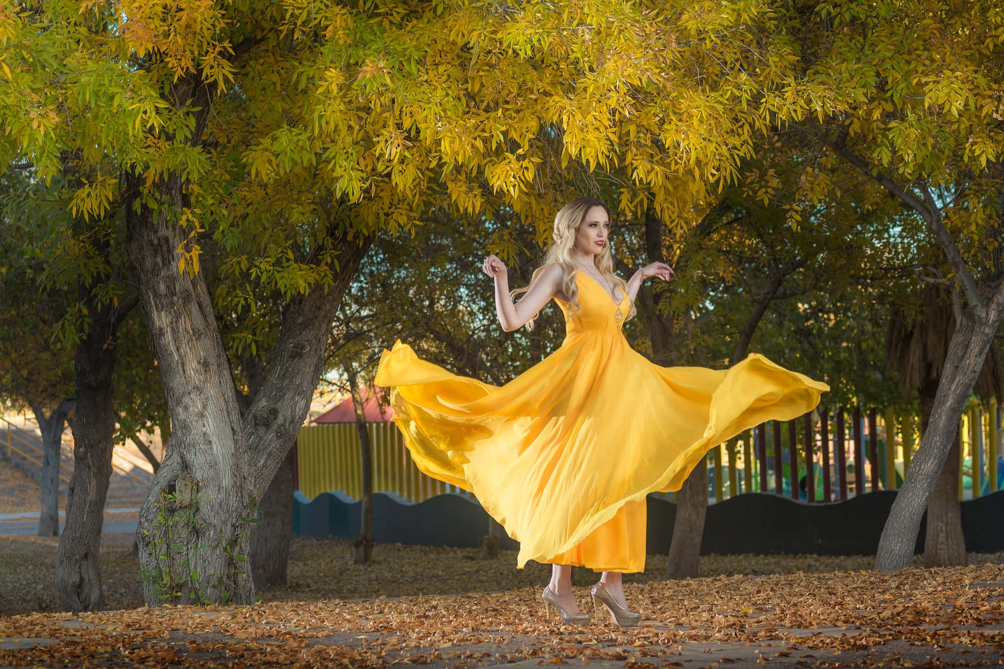 yellow dress, golden autumn trees, fallen leaves, Full HD Desktop Wallpaper