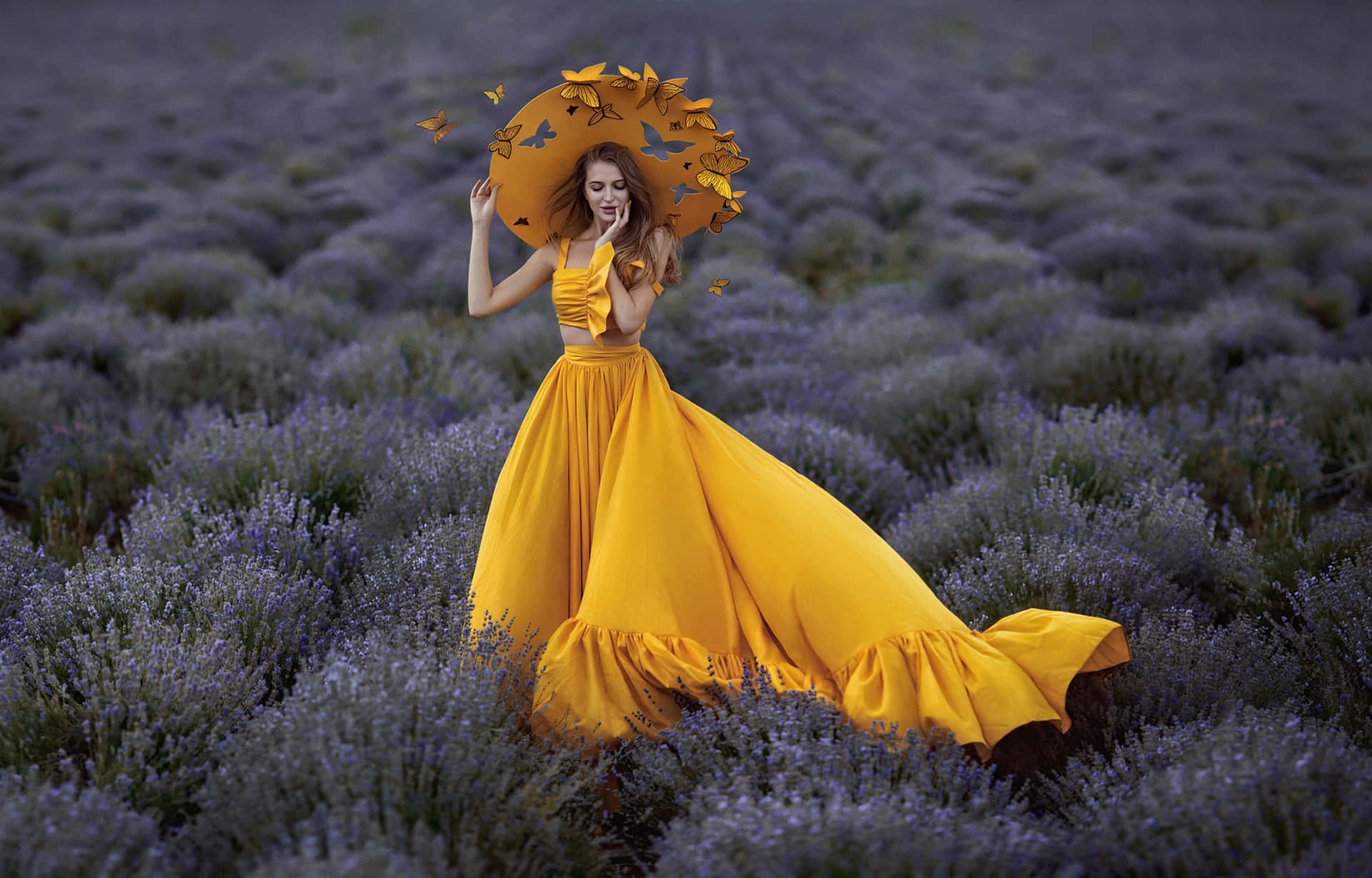 yellow dress, lavender field, butterfly-adorned parasol, Full HD Desktop Wallpaper