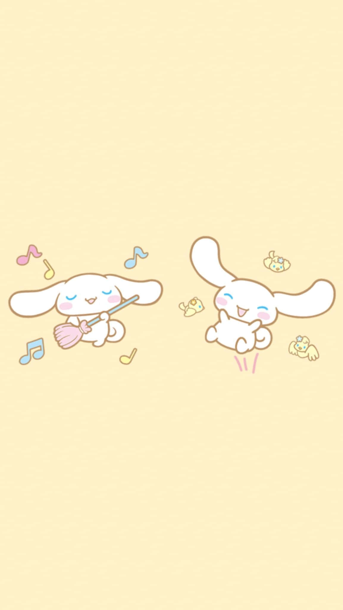 kawaii yellow, white bunny characters, soft yellow background, Full HD Phone Wallpaper