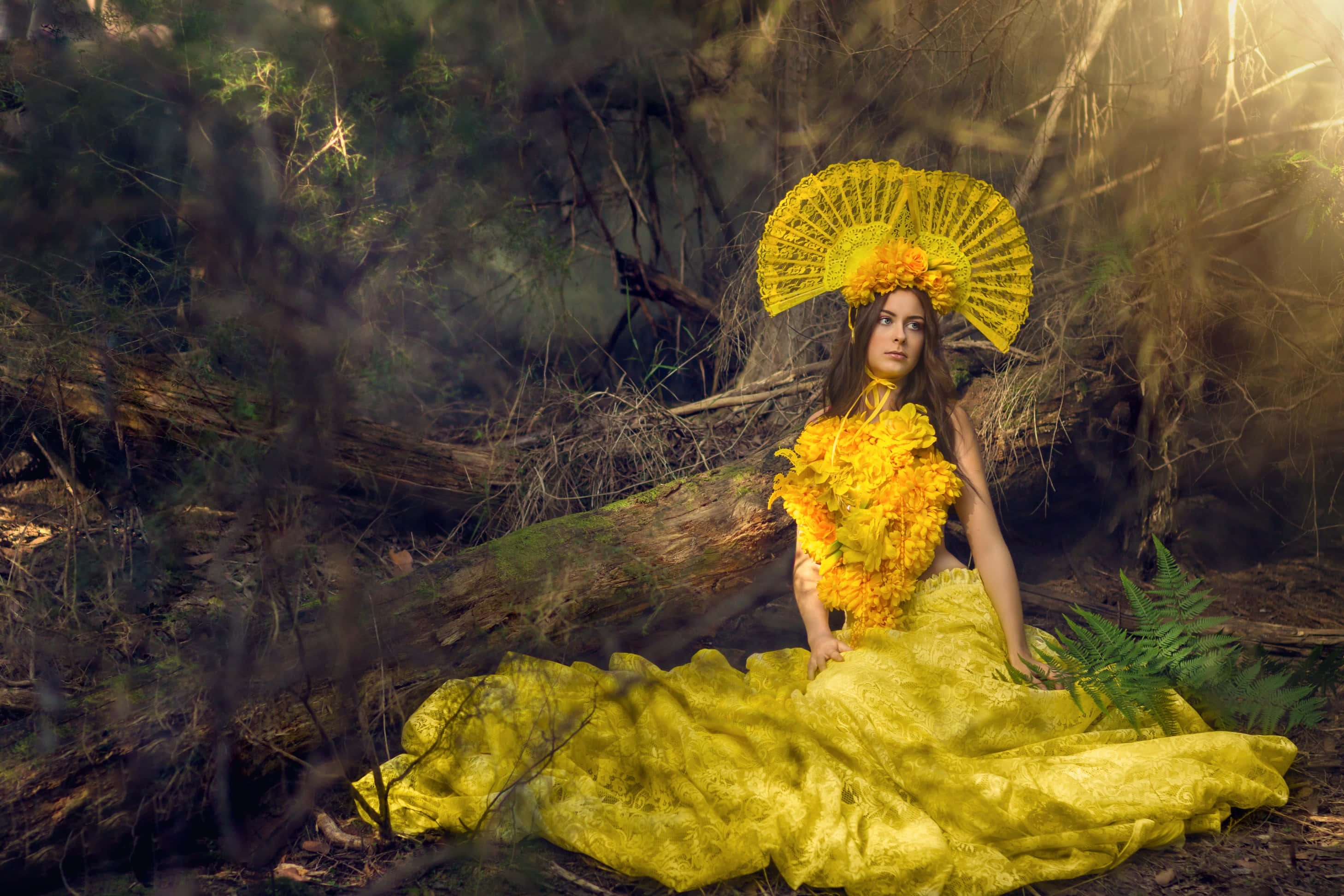 yellow floral gown, matching fan, sun-dappled forest floor, 2K Desktop Wallpaper