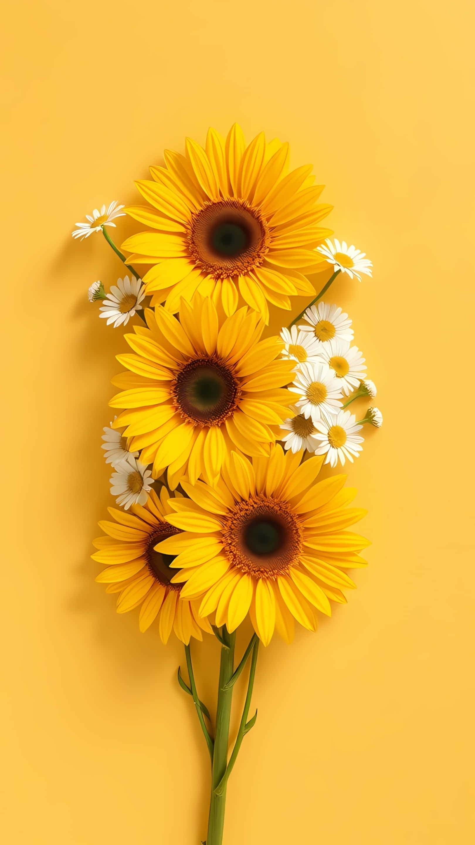 sunflower, white daisy, yellow background, 2K Phone Wallpaper