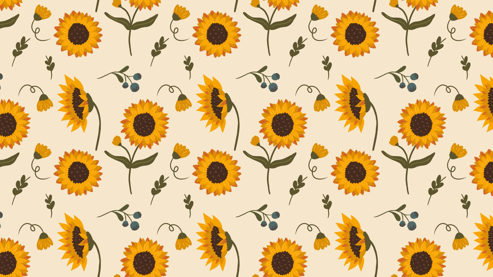 yellow floral pattern, stylized sunflowers, dark centers, Full HD Desktop Wallpaper