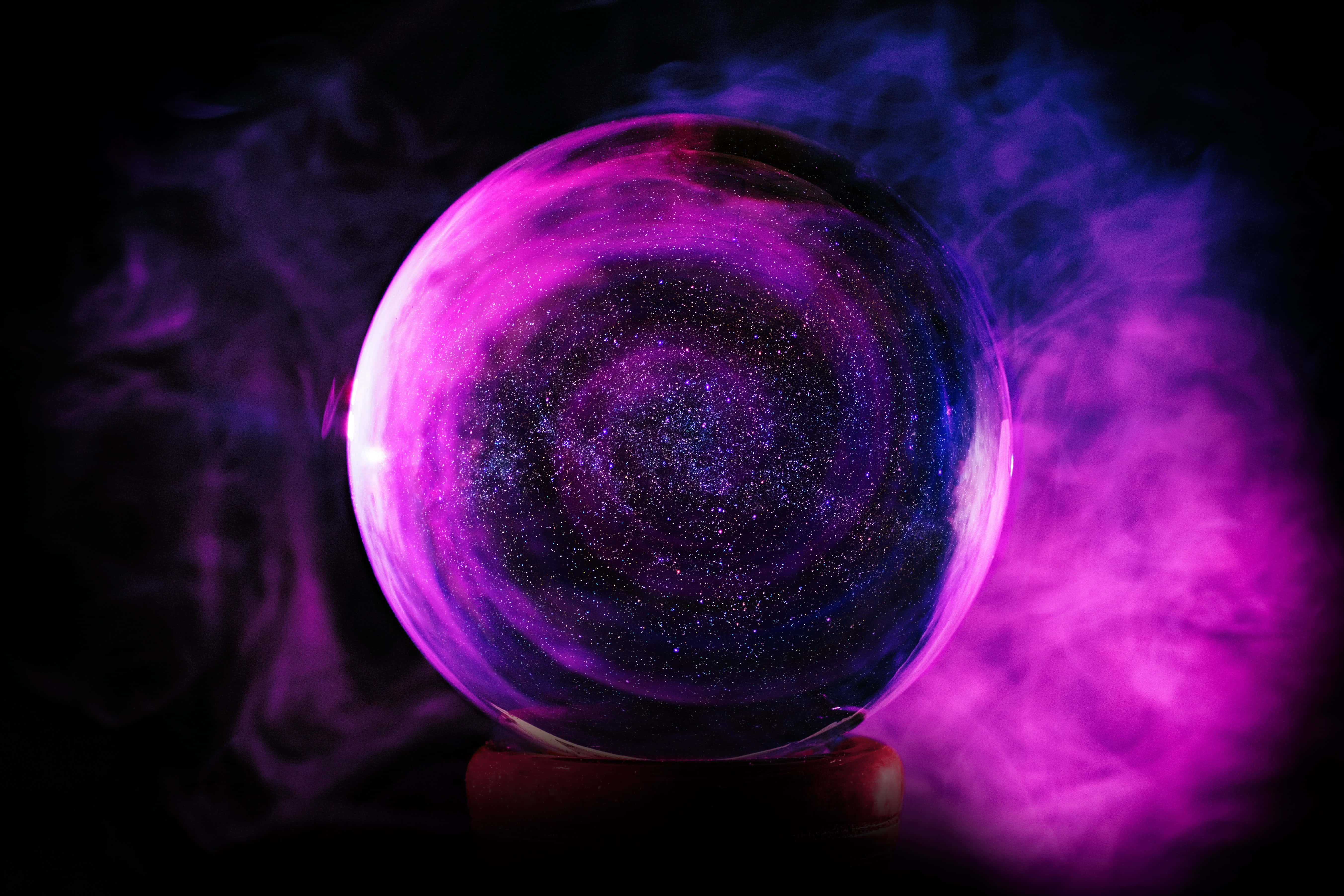 Neon Galaxy, glowing purple crystal ball, swirling cosmic stars, 5K Desktop Wallpaper