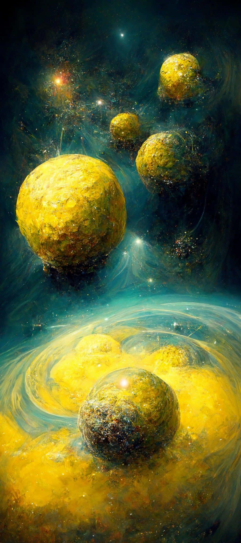 Yellow Galaxy, golden textured spheres, swirling cosmic nebulae, Full HD Phone Wallpaper