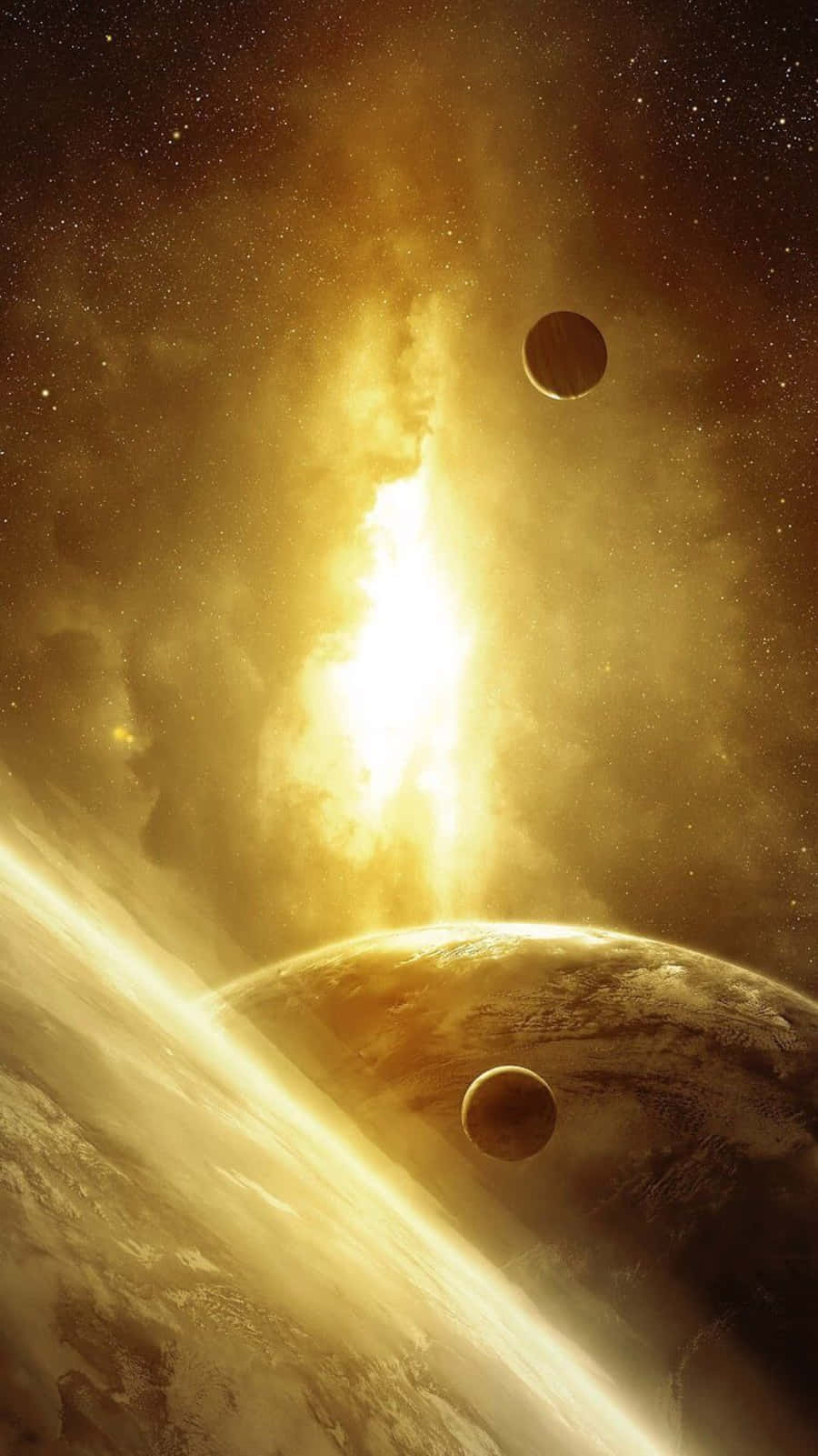 Yellow Galaxy, golden nebula, planets, HD Phone Wallpaper