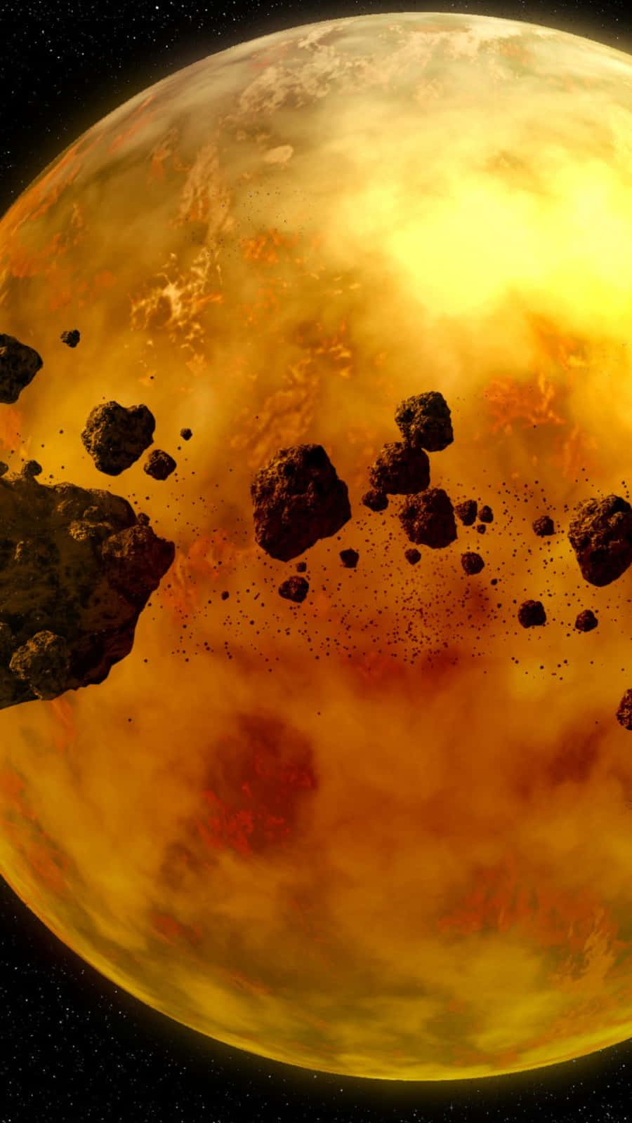 Yellow Galaxy, fiery orange planet, swirling clouds, HD Phone Wallpaper