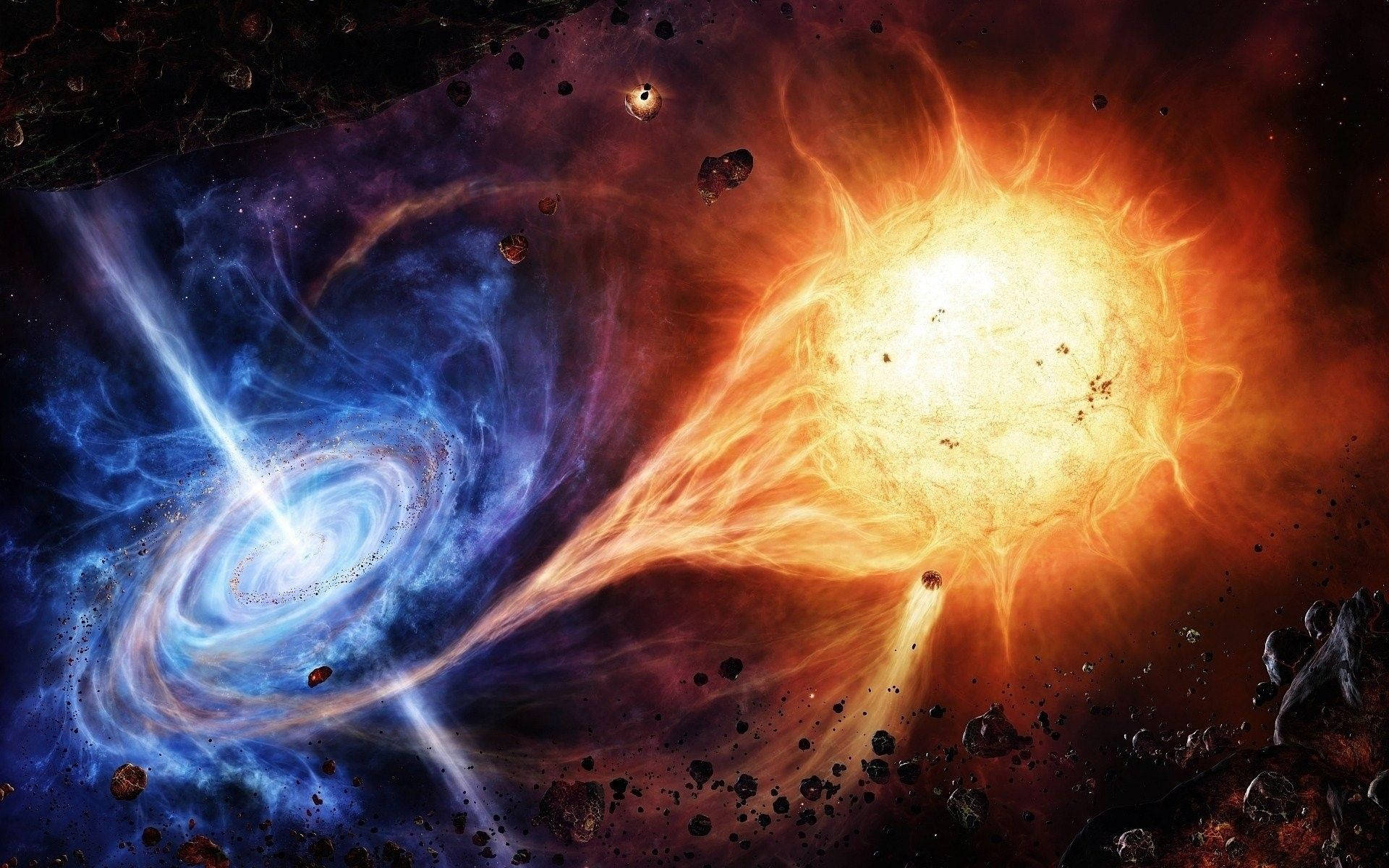 Galaxy Sun, fiery orange star, swirling blue galaxy, Full HD Desktop Wallpaper