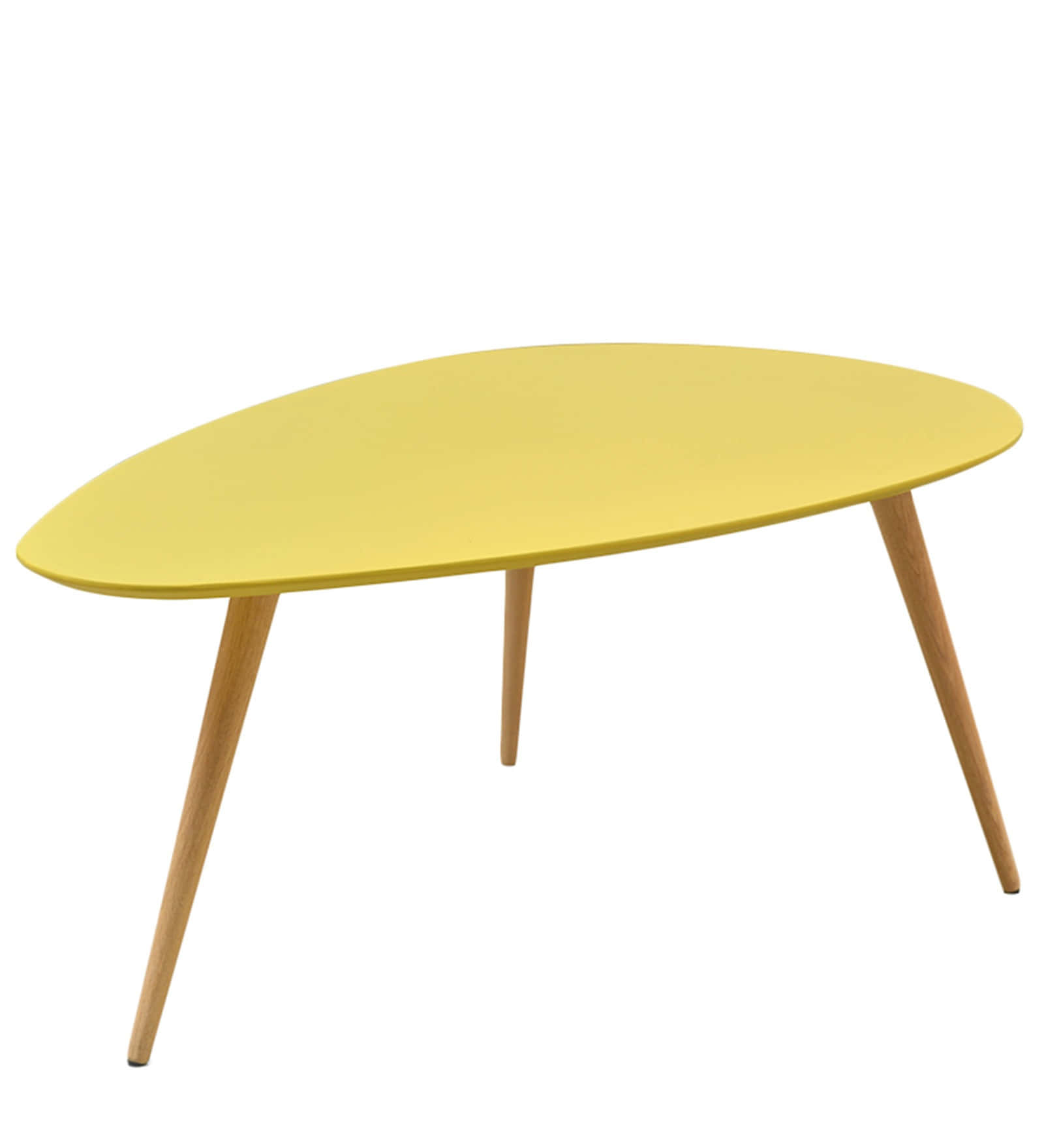 yellow teardrop-shaped coffee table, light wood legs, white background, HD Phone Wallpaper