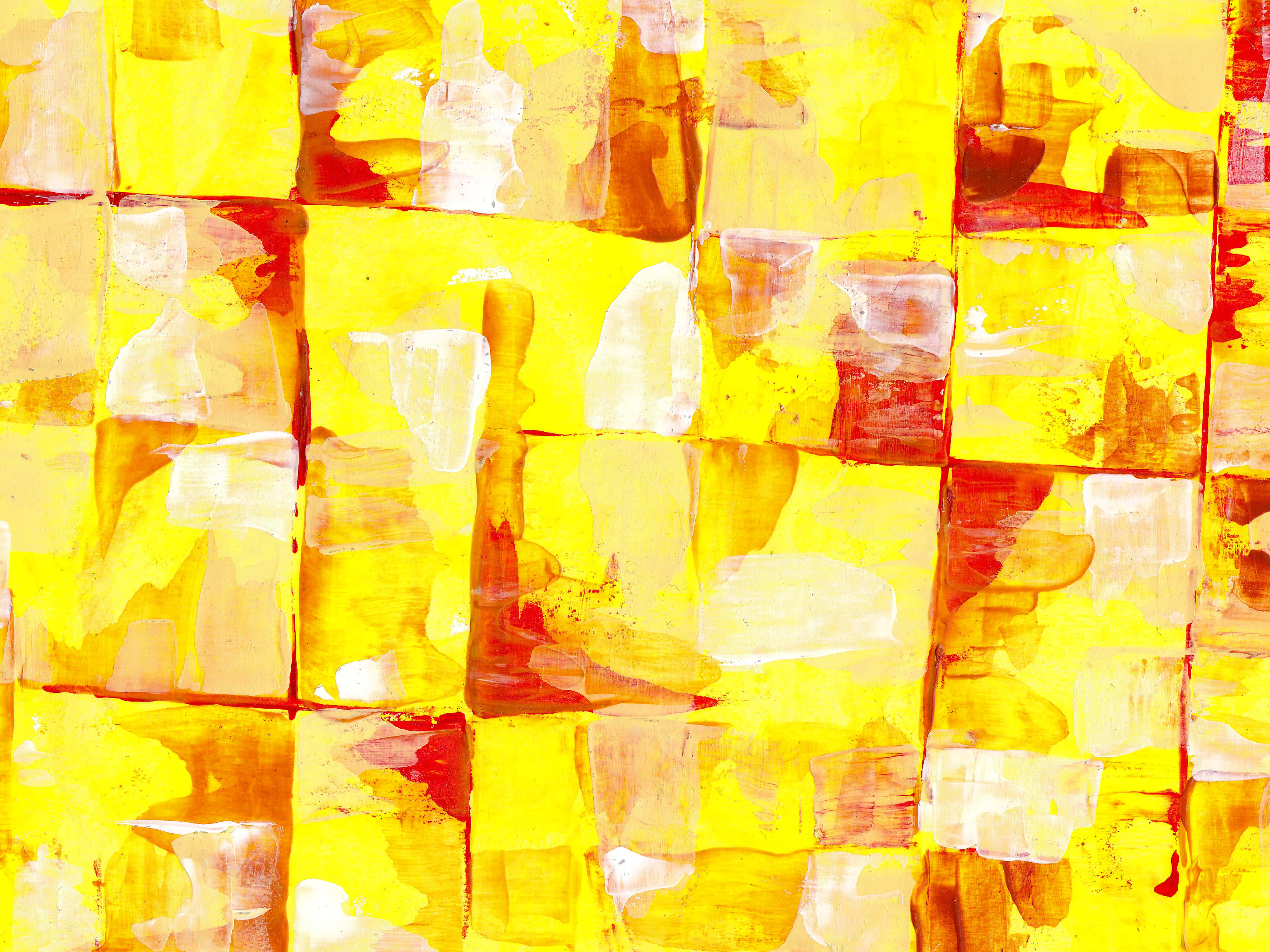 Vibrant Yellow Art Explosion, bold yellow orange and white brushstrokes, grid of textured squares, 4K Desktop Wallpaper