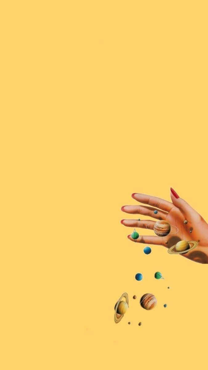 yellow grunge, red nails, miniature planets, SD Phone Wallpaper