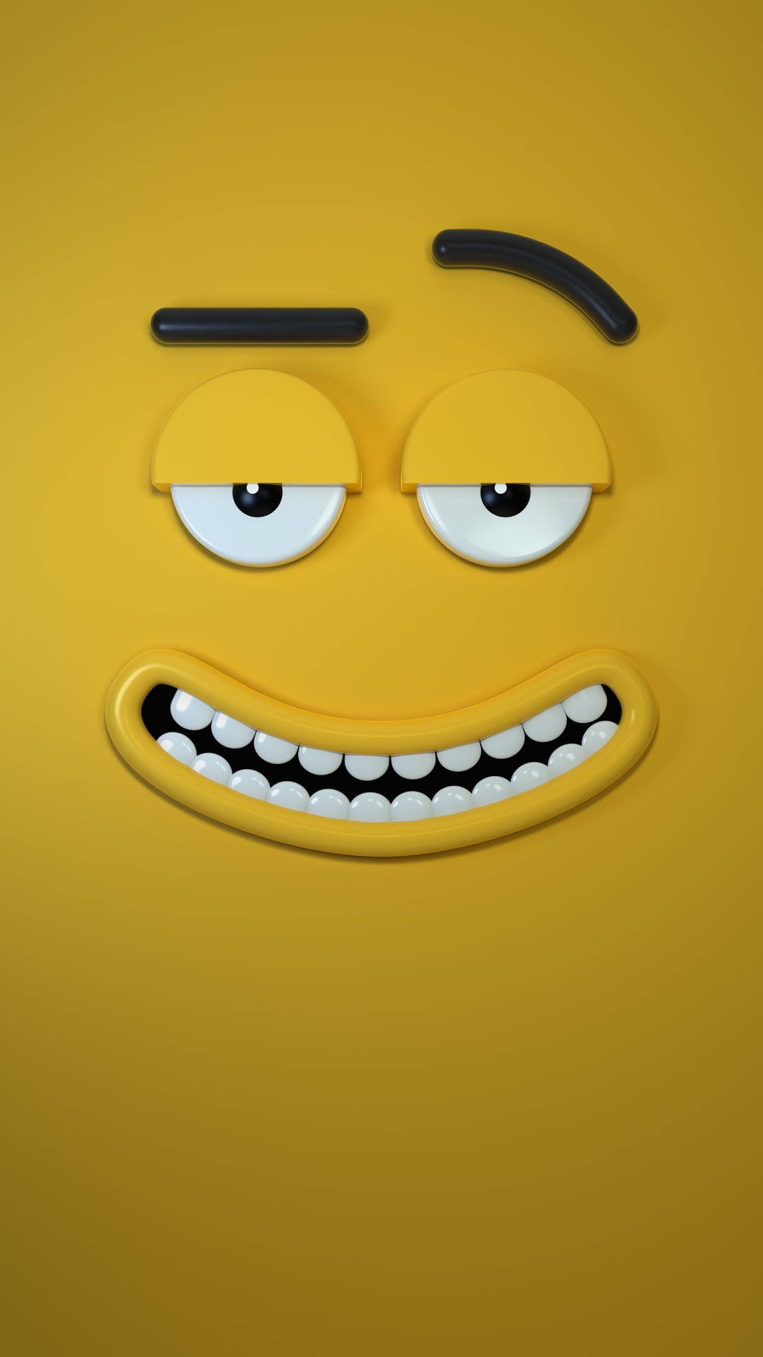 yellow emoji face, one eyebrow raised, wide toothy grin, Full HD Phone Wallpaper