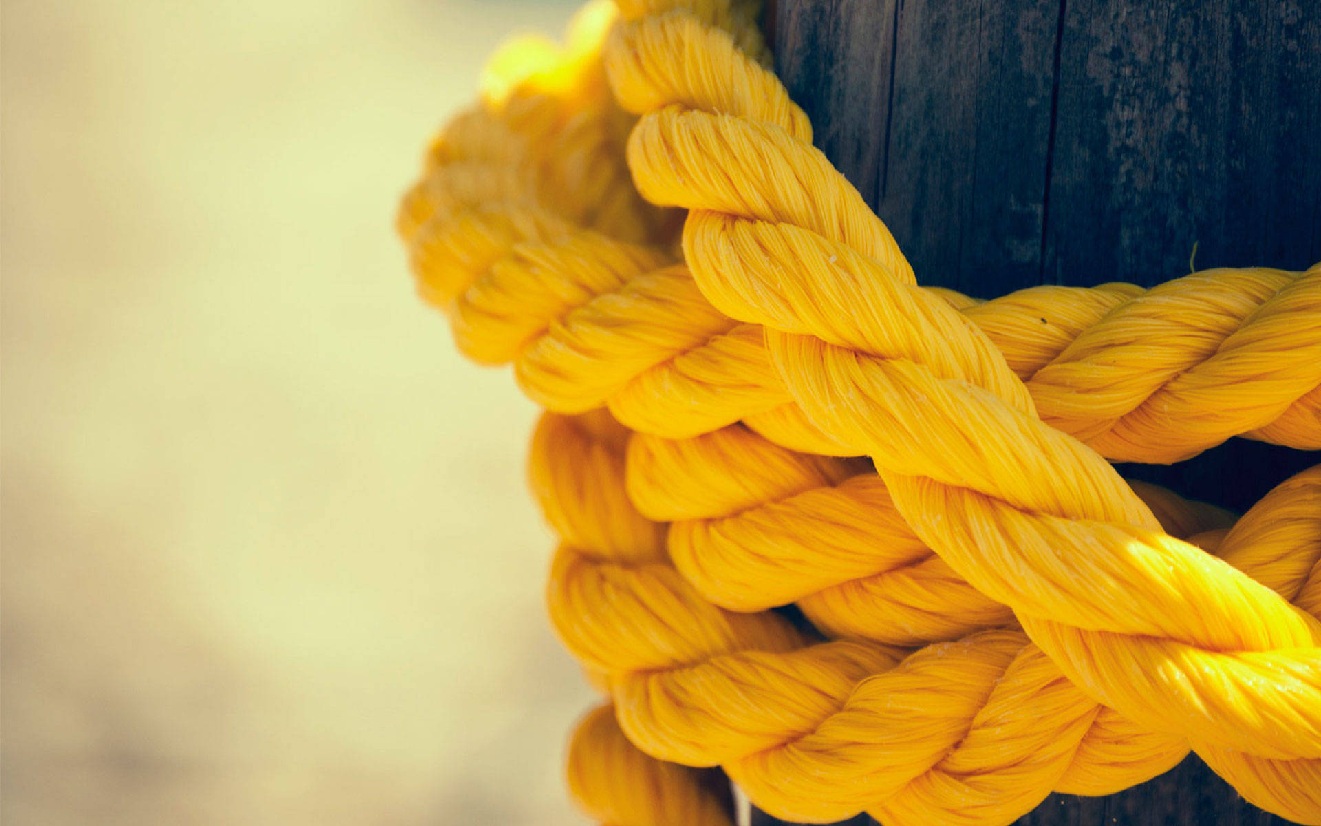 yellow hd rope, thick bright yellow rope, dark weathered wooden post, Full HD Desktop Wallpaper