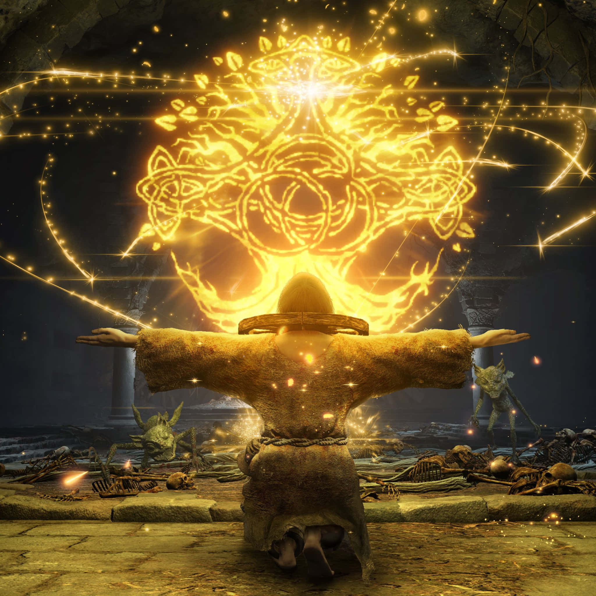 Yellow iPad, kneeling figure, golden divine energy, Full HD Desktop Wallpaper