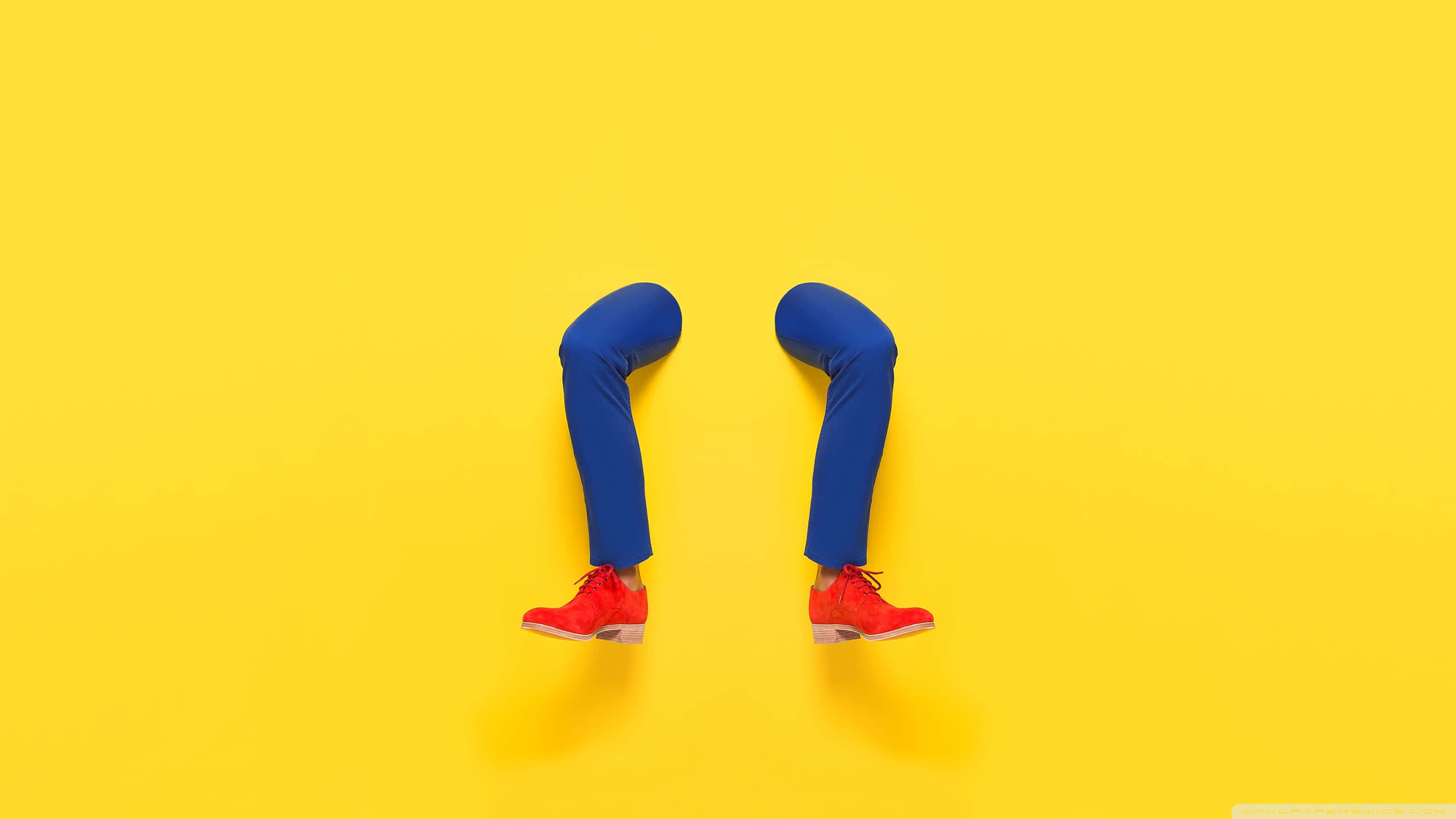 blue jeans, red shoes, bright yellow background, 2K Desktop Wallpaper