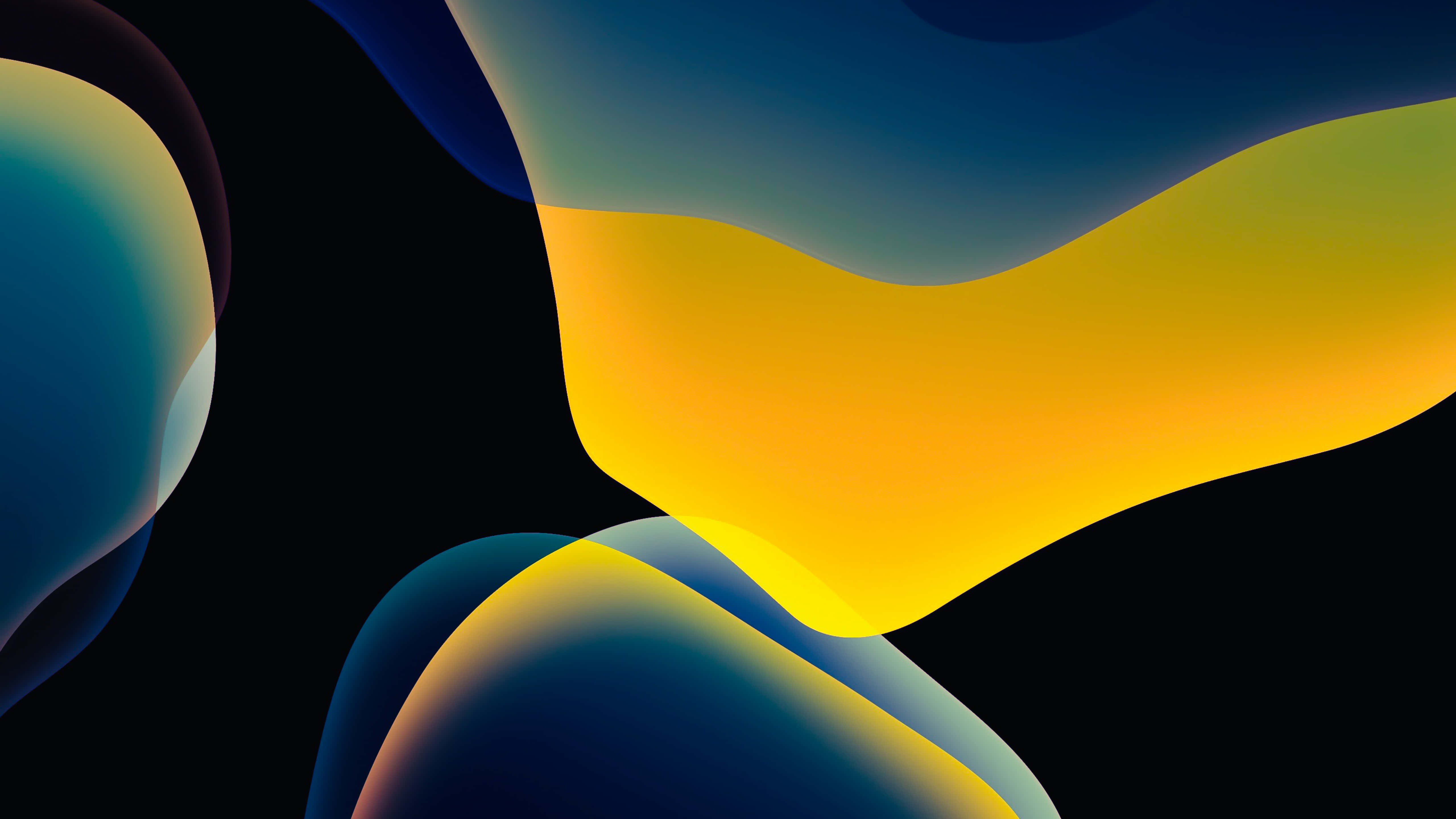 Yellow Blue Blobs iPad, vibrant yellow, deep blue fluid shapes, 5K Desktop Wallpaper
