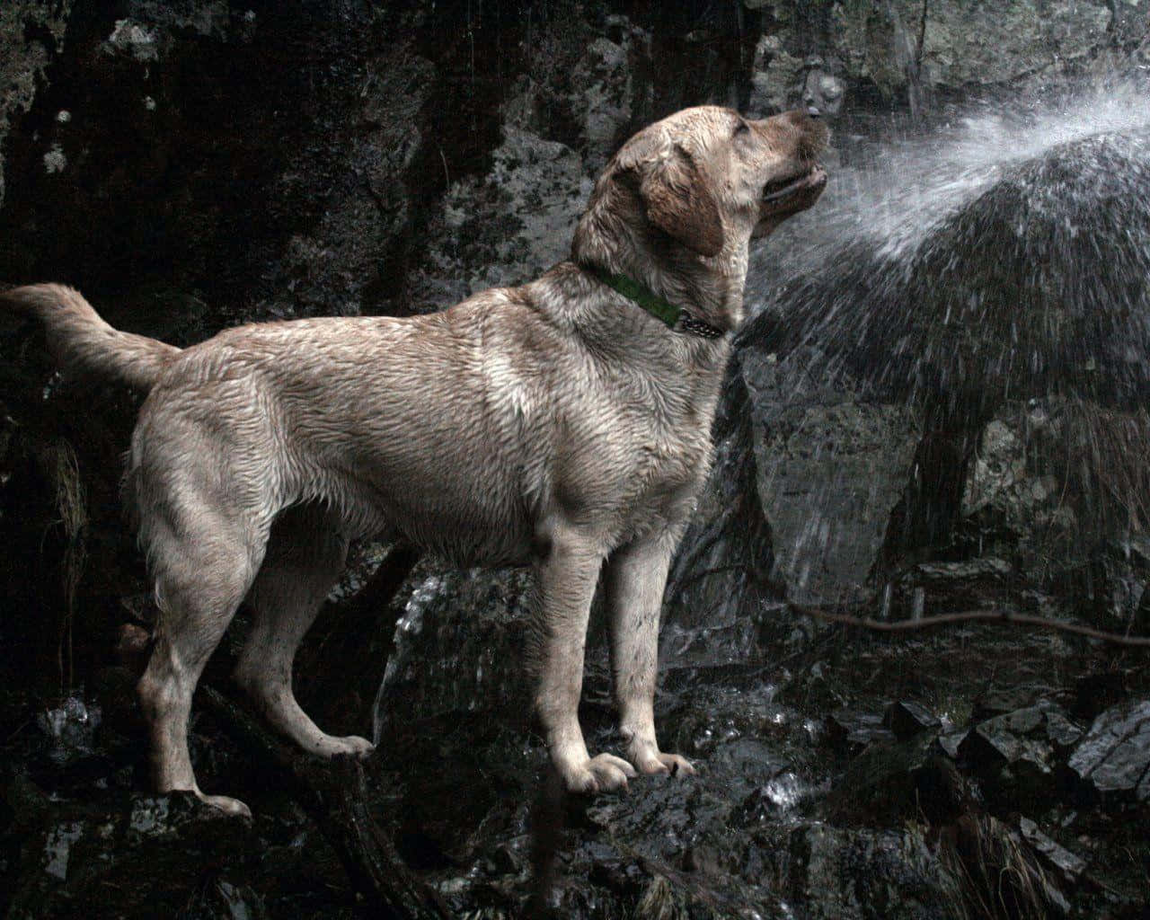Yellow Labrador, wet, cascading waterfall, HD Desktop Wallpaper