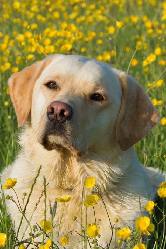 Yellow Labrador, sunlit field, bright yellow buttercups, SD Phone Wallpaper