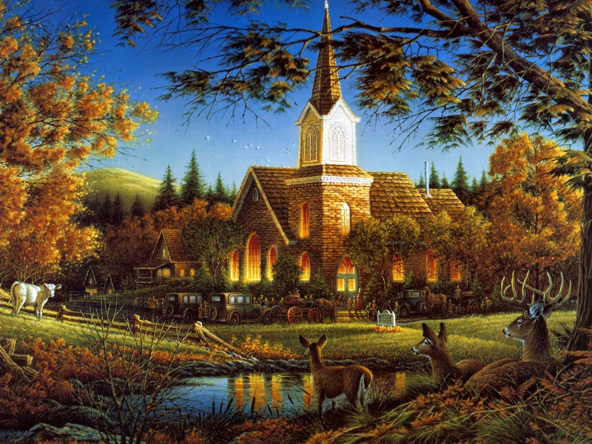Morning City, yellow leaves, stone church, Full HD Desktop Wallpaper