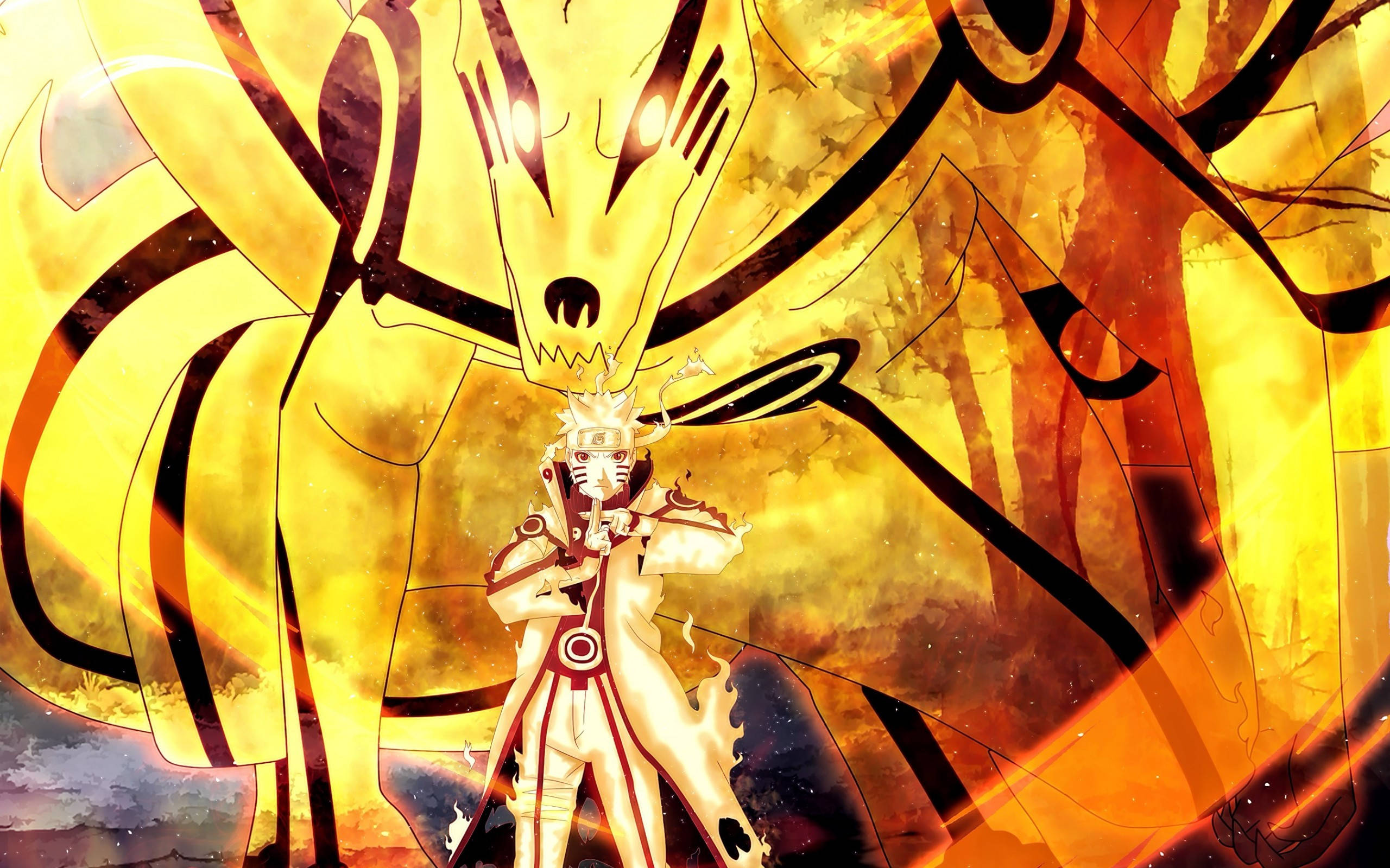 yellow Naruto, nine-tailed fox, glowing eyes, 2K Desktop Wallpaper
