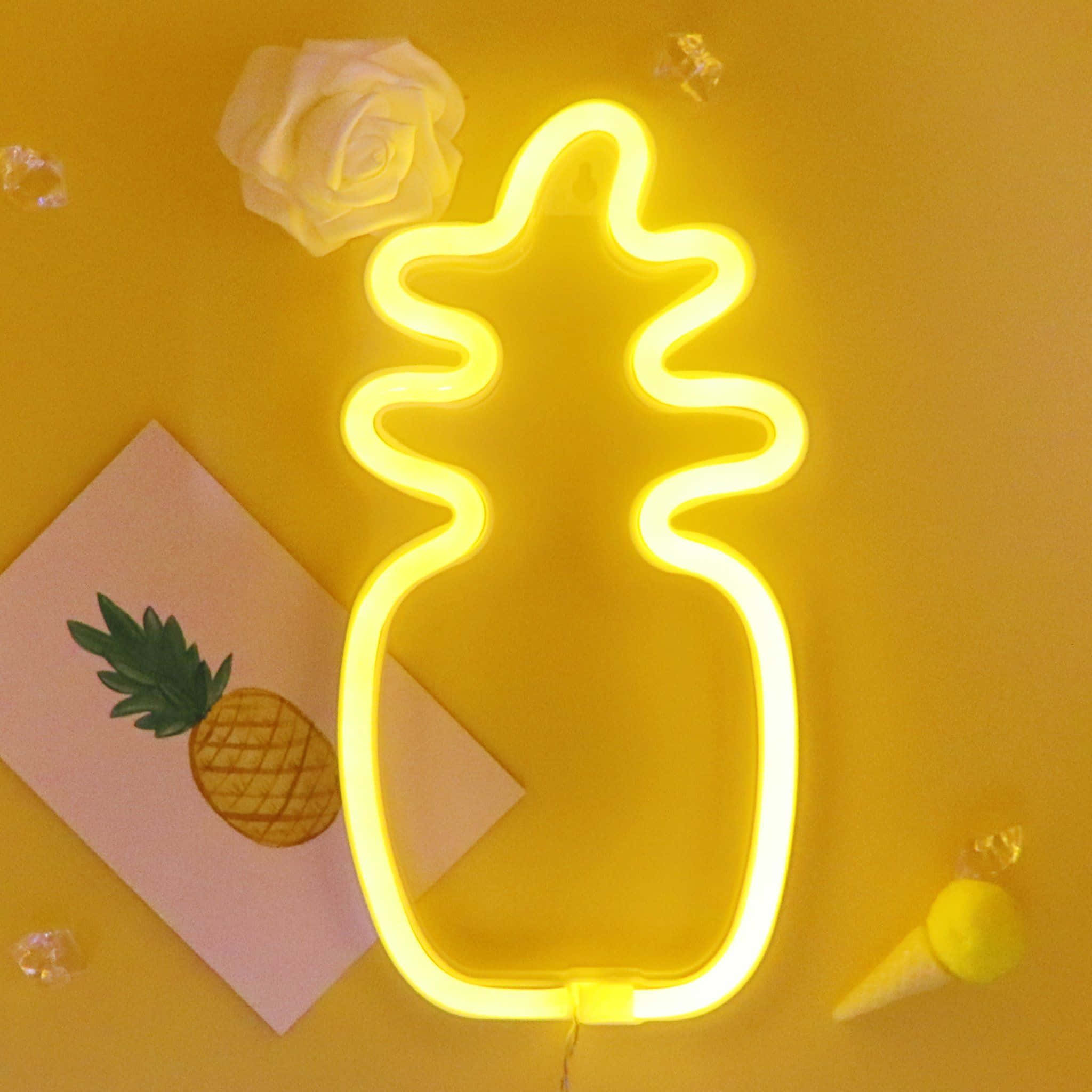 yellow neon pineapple sign, yellow surface, pink card, Full HD Desktop Wallpaper