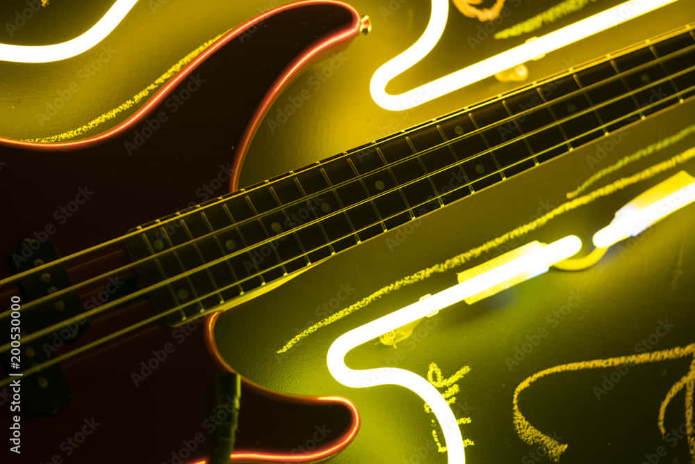 red electric bass guitar, neon lights, chalk drawings, SD Desktop Wallpaper