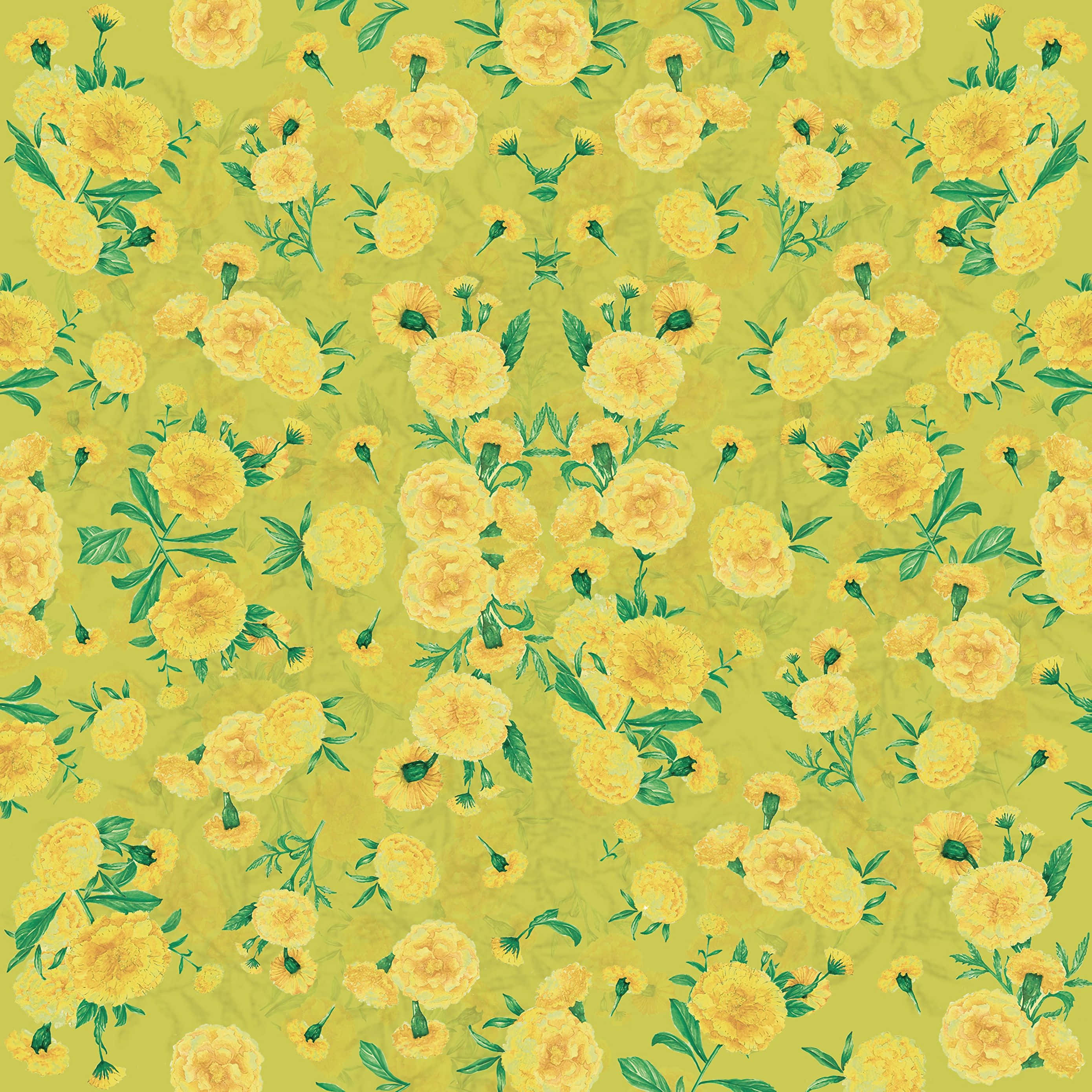 Vibrant Yellow Geometric Pattern, marigolds, green stems, 2K Desktop Wallpaper