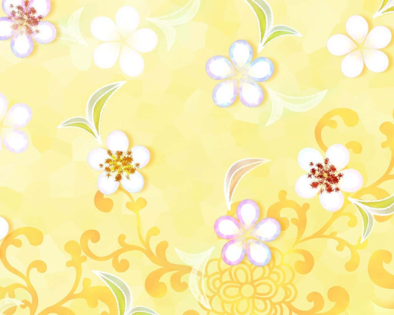 yellow pattern, white flowers, swirling vines, HD Desktop Wallpaper