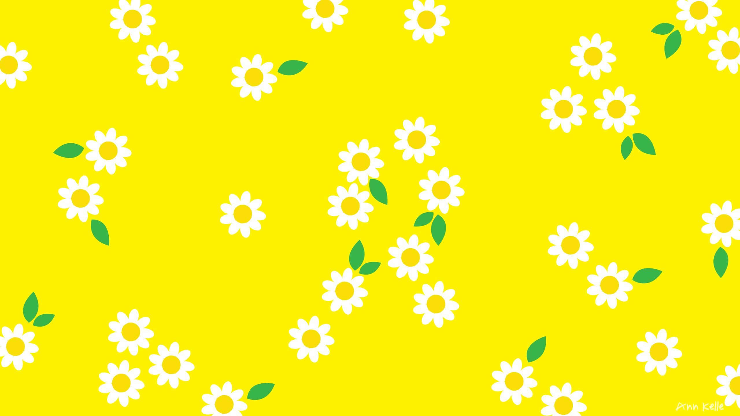Vibrant Yellow Geometric Pattern, white daisies, green leaves, 2K Desktop Wallpaper