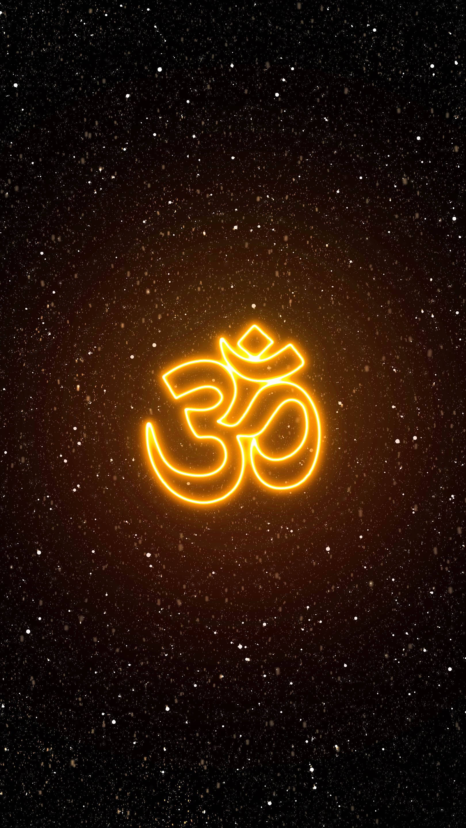 Om symbol, glowing orange neon, starry cosmic night sky, 2K Phone Wallpaper