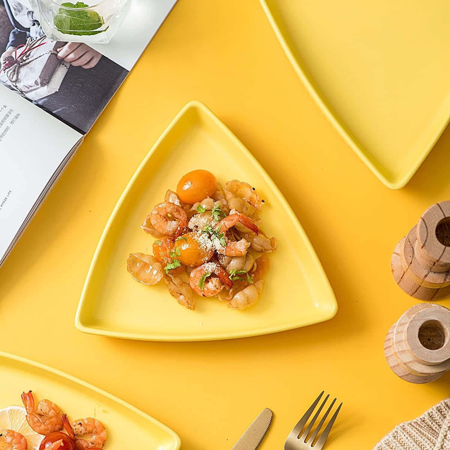 vibrant yellow triangular plate, succulent shrimp, cherry tomatoes, HD Desktop Wallpaper