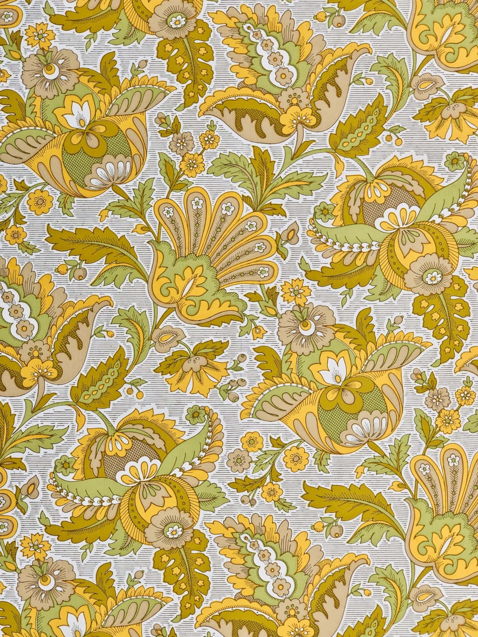 vibrant vintage floral pattern, golden yellow blossoms, olive green blossoms, Full HD Phone Wallpaper