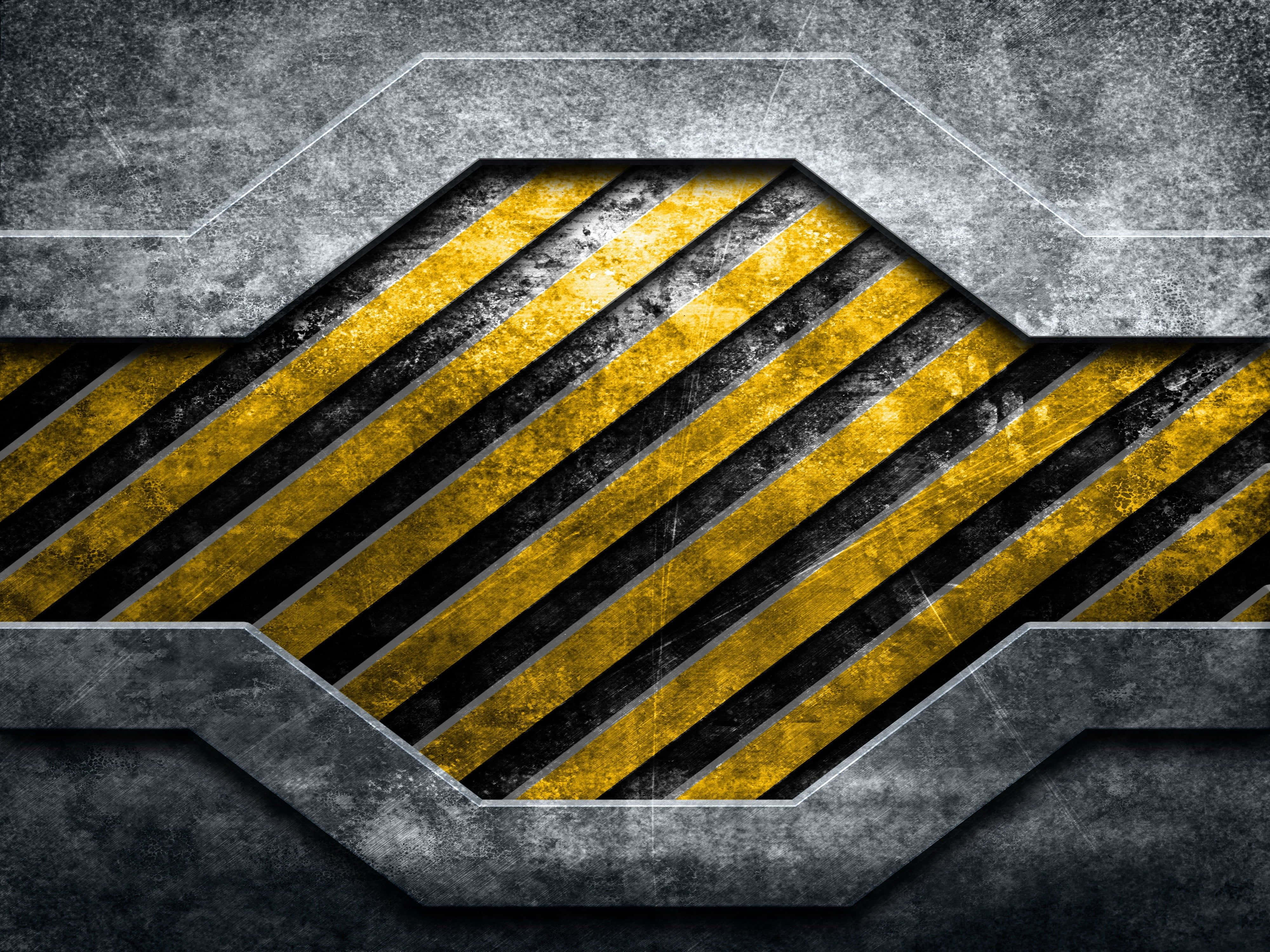 yellow striped pattern, diagonal yellow and black hazard stripes, rugged industrial metal frame, 4K Desktop Wallpaper
