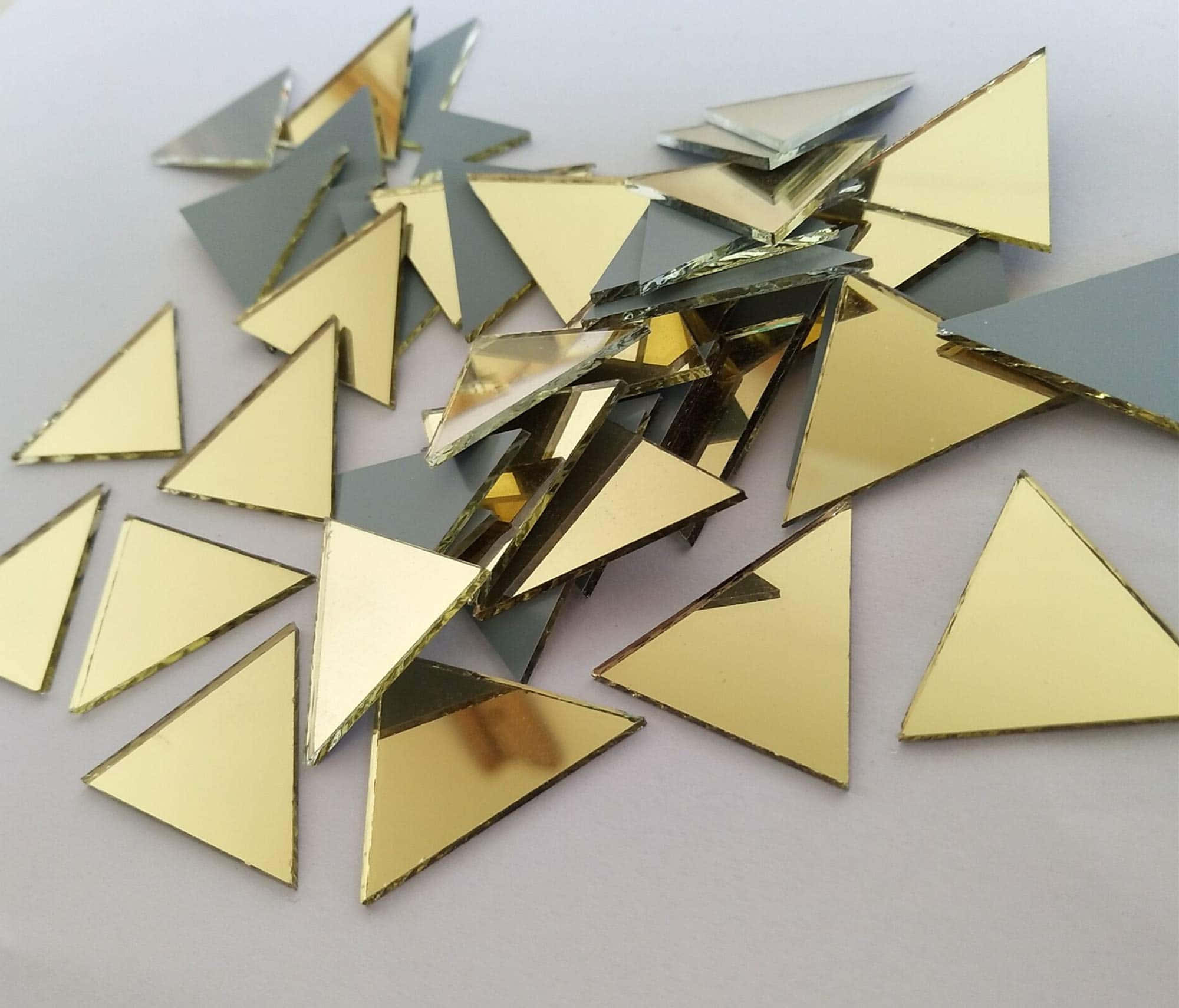 yellow triangle, gold triangular mirror shards, silver triangular mirror shards, Full HD Desktop Wallpaper