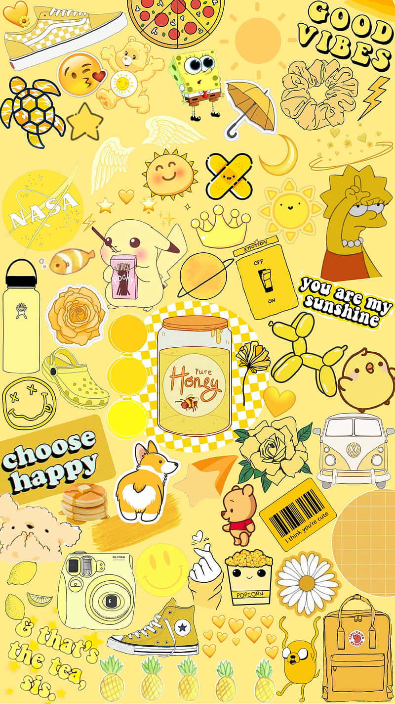 kawaii yellow, yellow background, cute cartoon characters, HD Phone Wallpaper