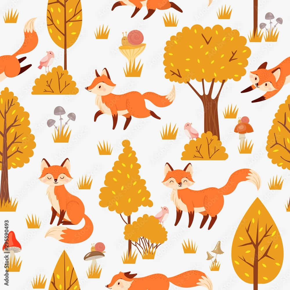 kawaii yellow, cartoon foxes, golden autumn trees, SD Desktop Wallpaper