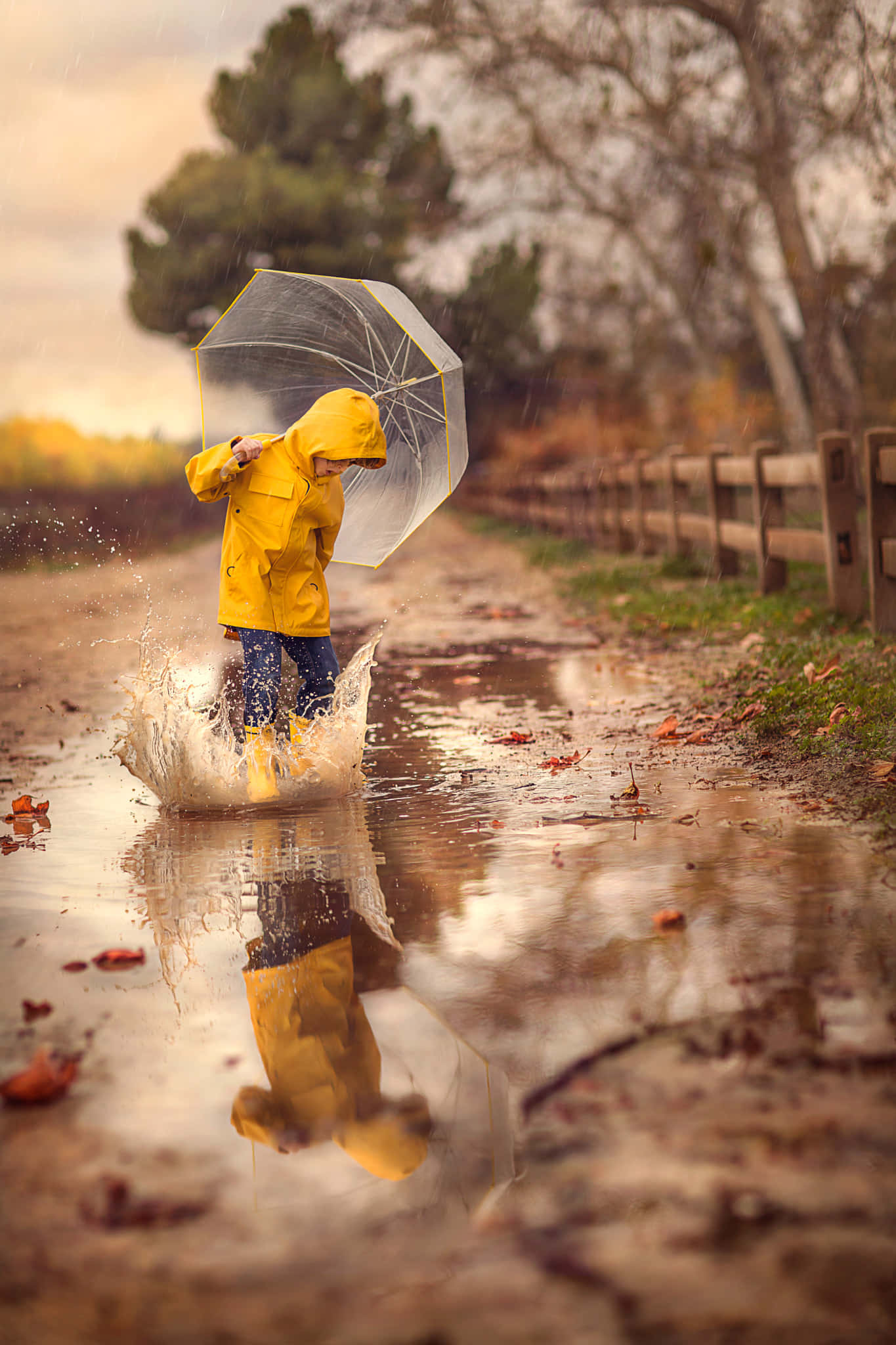 yellow raincoat, bright yellow raincoat, muddy puddle, Full HD Phone Wallpaper