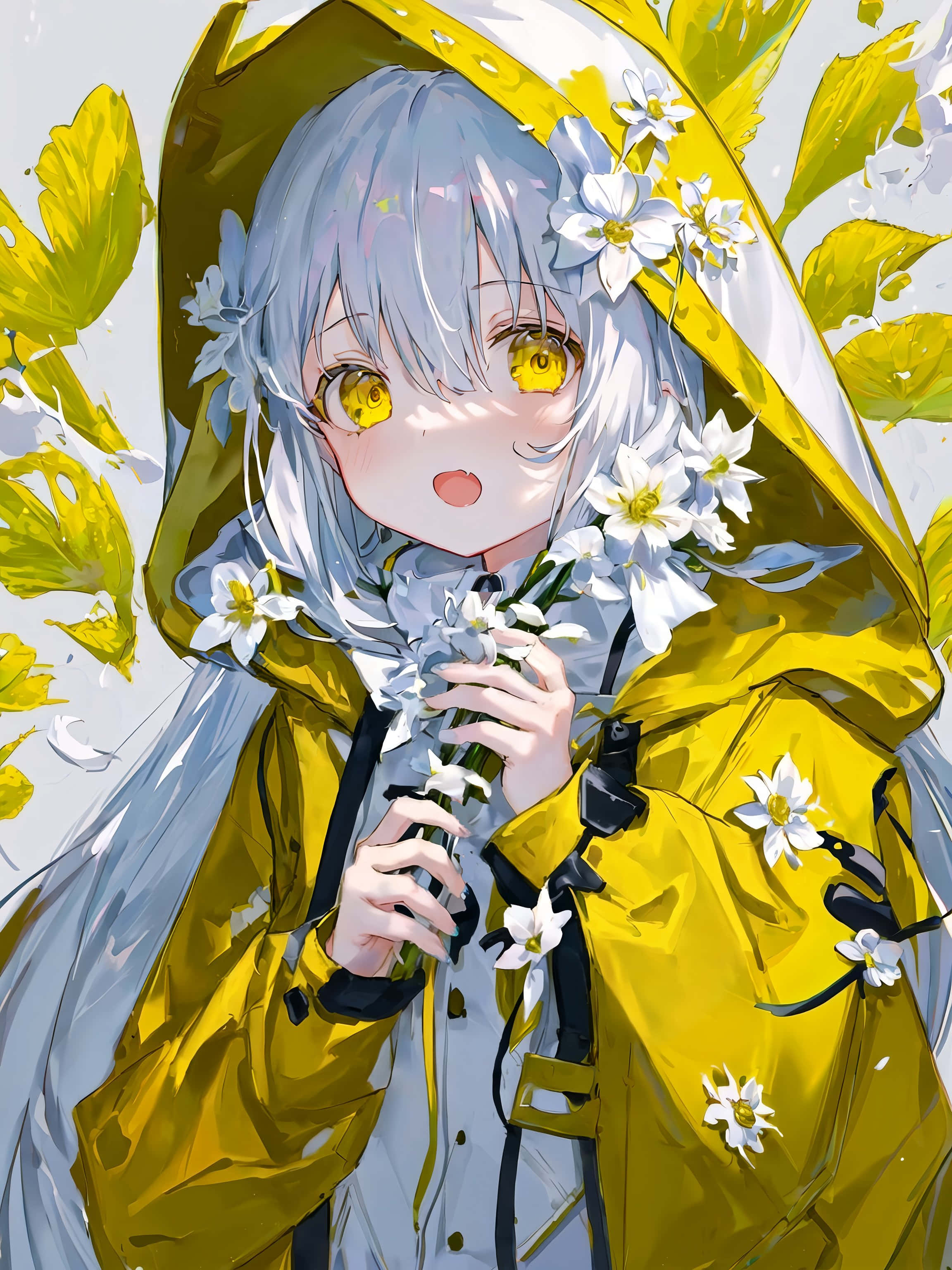yellow raincoat, vibrant yellow raincoat, silver hair, 2K Phone Wallpaper